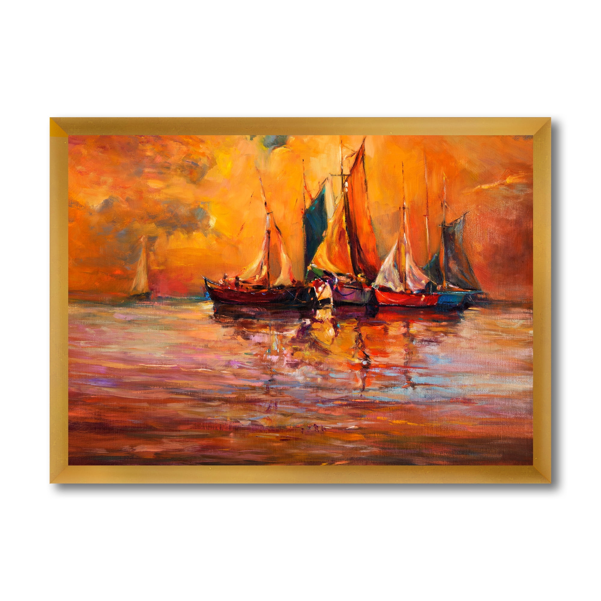 Boats During Evening Sunset In The Ocean I 32 in x 16 in Framed Painting Canvas Art Print, by Designart