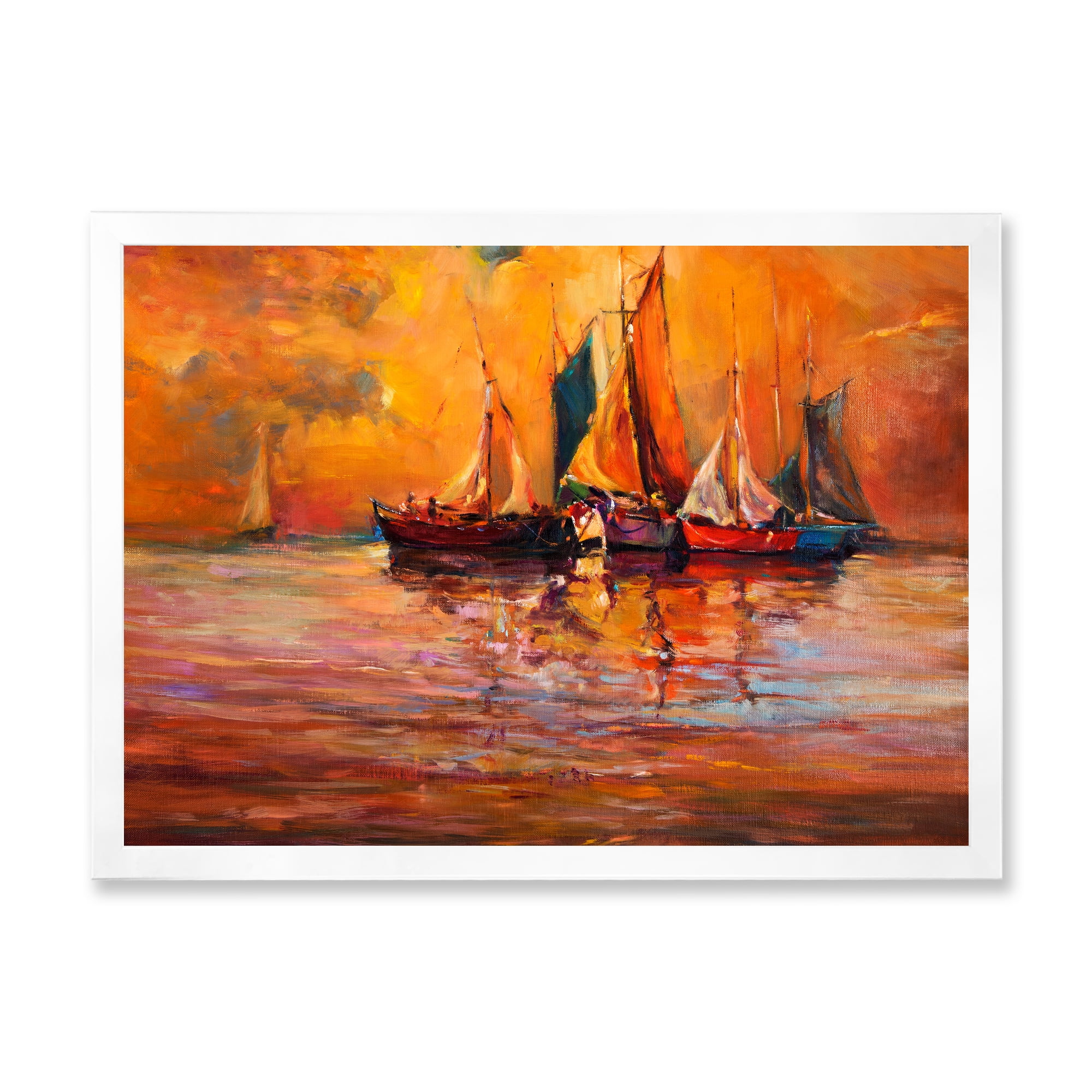 Boats During Evening Sunset In The Ocean I 40 in x 30 in Framed Painting Canvas Art Print, by Designart