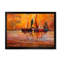Boats During Evening Sunset In The Ocean I 40 in x 30 in Framed Painting Canvas Art Print, by Designart