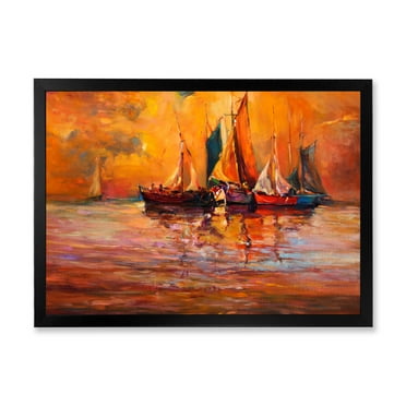 Boats During Evening Sunset In The Ocean I 40 in x 30 in Framed Painting Canvas Art Print, by Designart