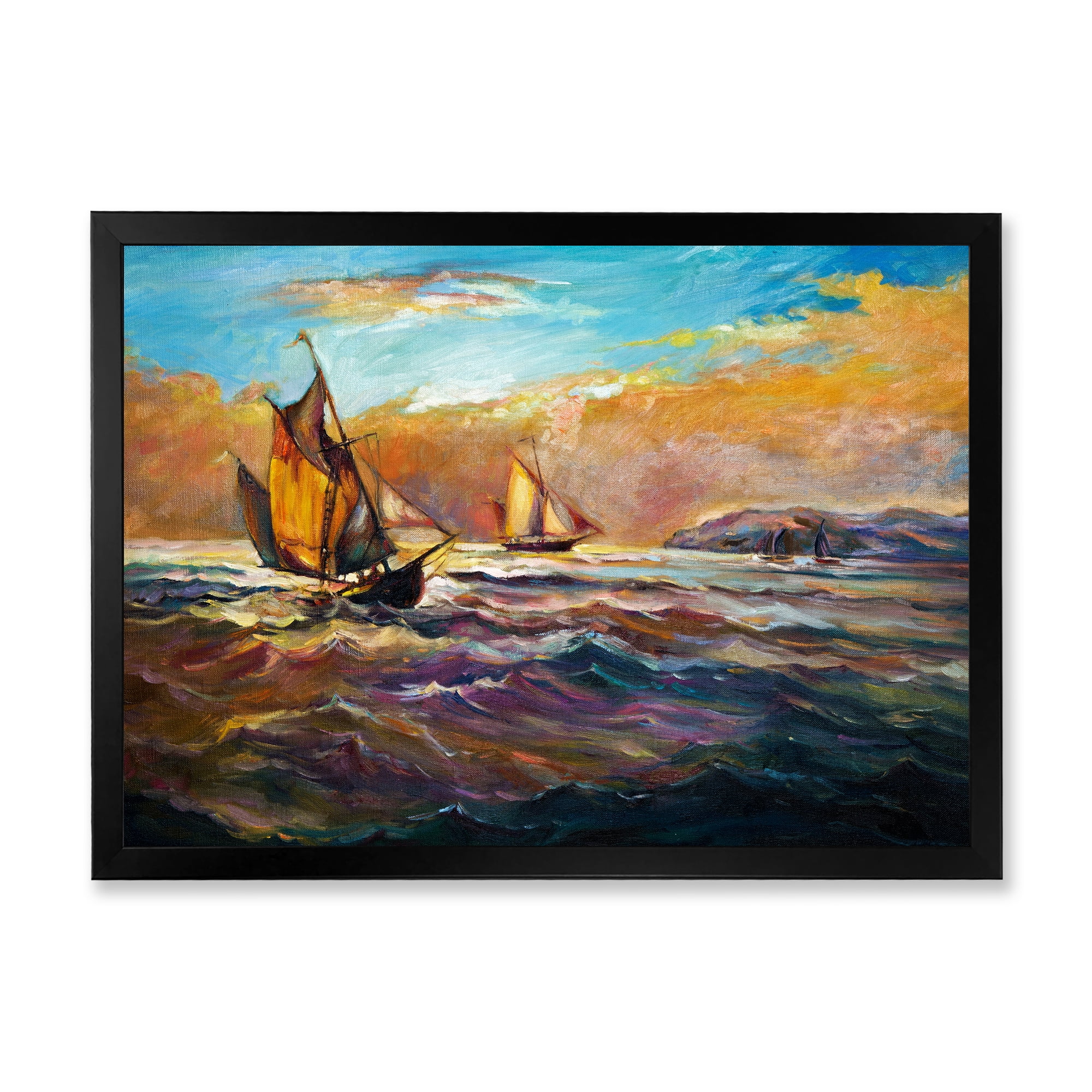 Boats During Evening Sunset In The Ocean II 20 in x 12 in Framed Painting Canvas Art Print, by Designart