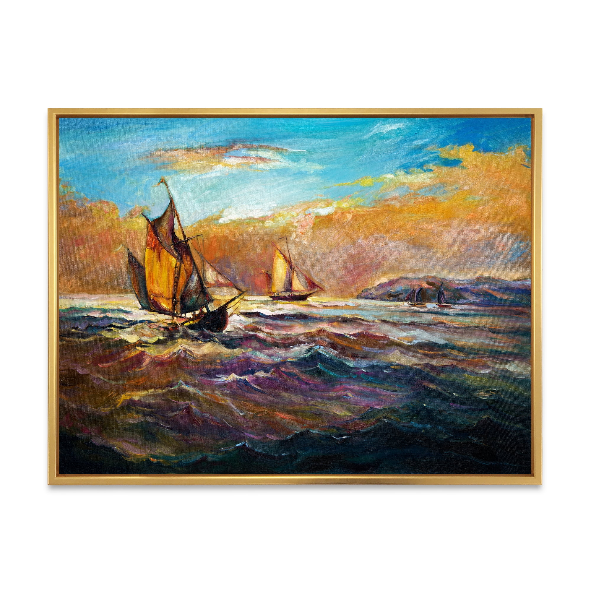 Boats During Evening Sunset In The Ocean II 32 in x 16 in Framed Painting Canvas Art Print, by Designart