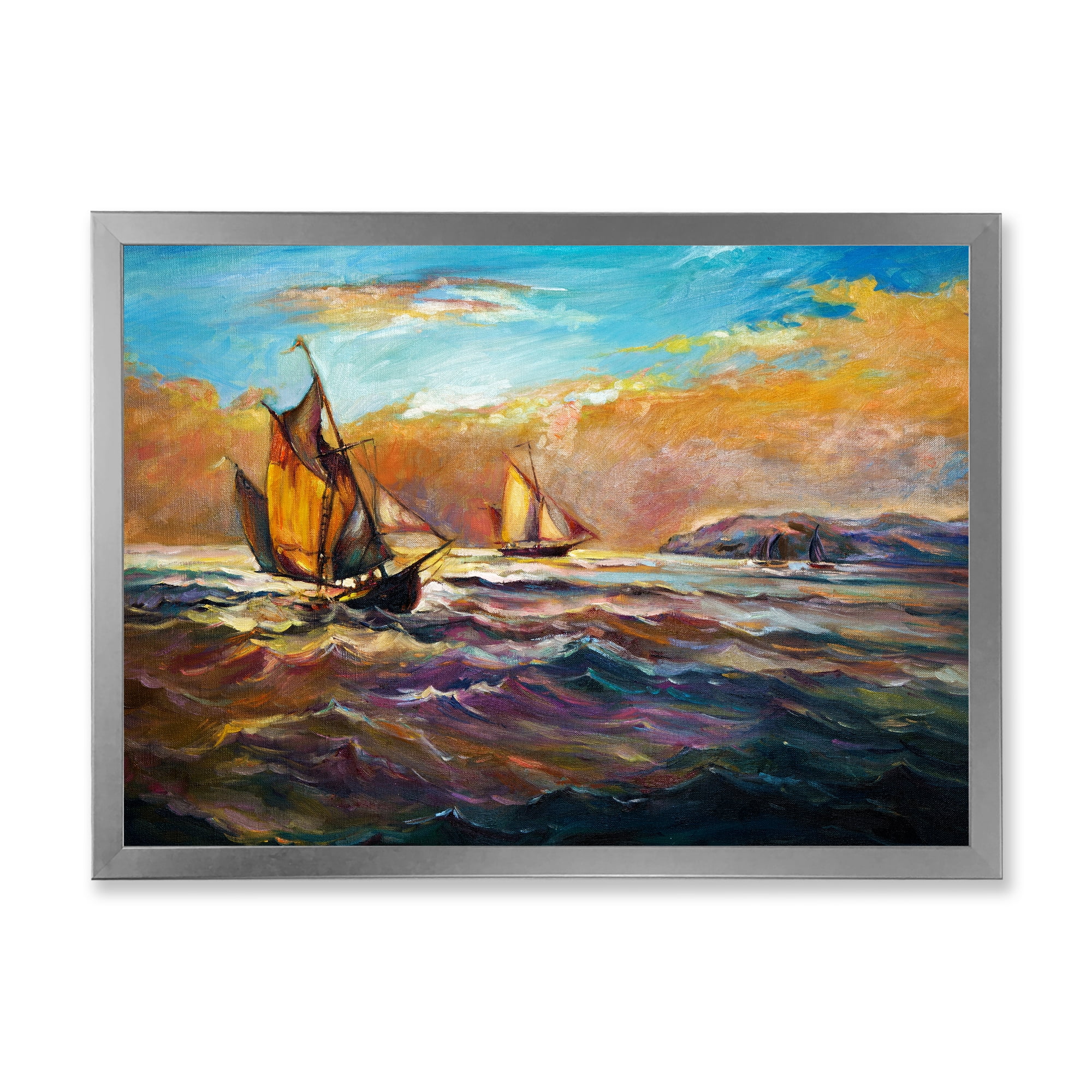 Boats During Evening Sunset In The Ocean II 32 in x 16 in Framed Painting Canvas Art Print, by Designart
