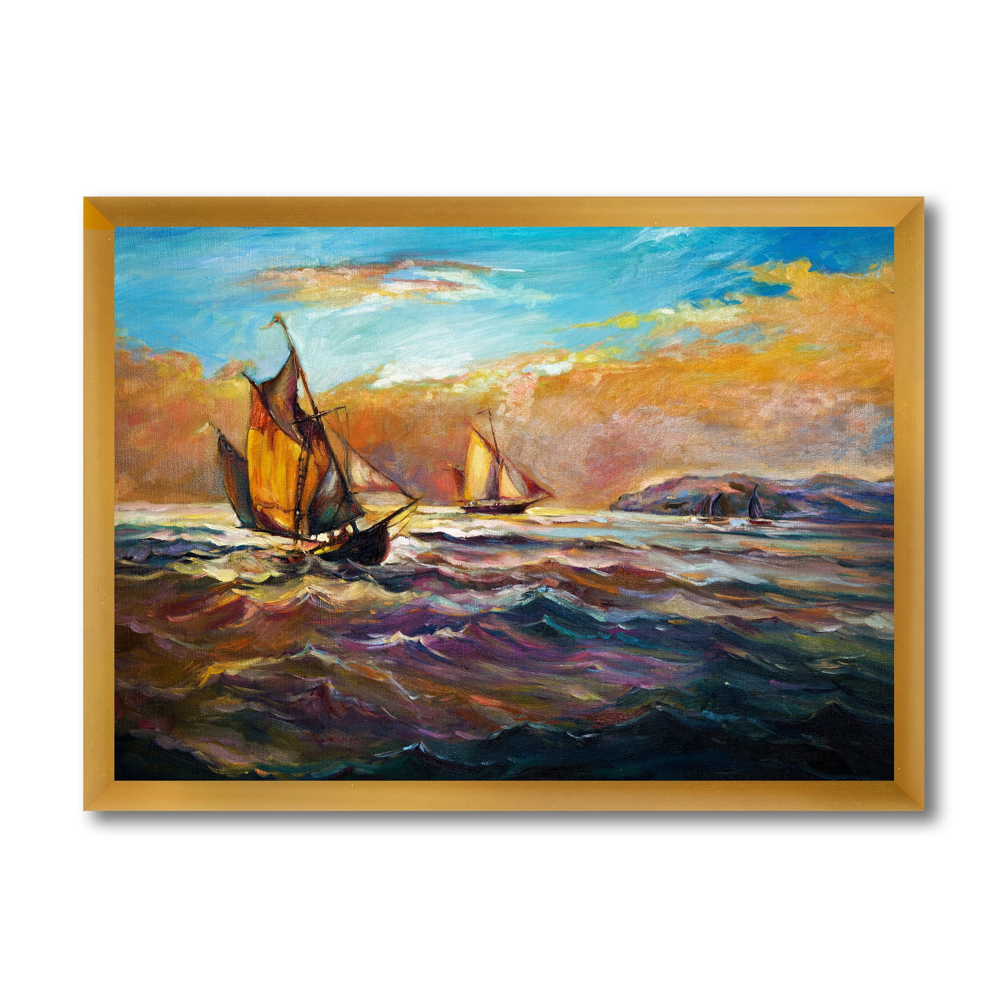 Boats During Evening Sunset In The Ocean II 32 in x 24 in Framed Painting Canvas Art Print, by Designart