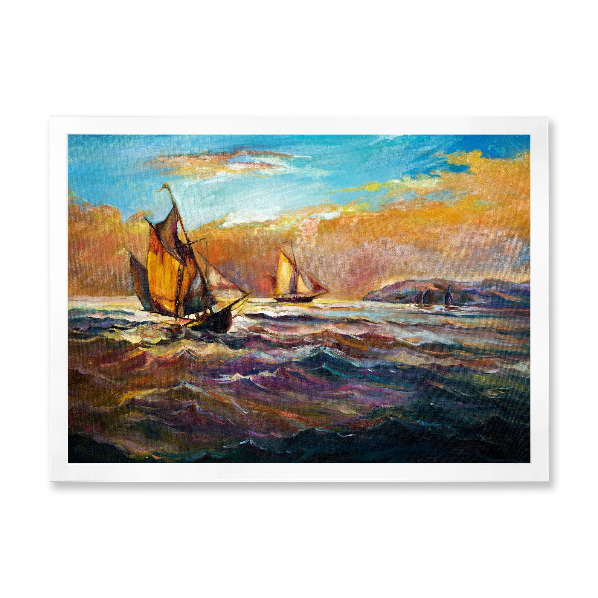 Boats During Evening Sunset In The Ocean II 40 in x 30 in Framed Painting Canvas Art Print, by Designart