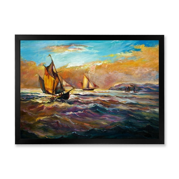 Boats During Evening Sunset In The Ocean II 40 in x 30 in Framed Painting Canvas Art Print, by Designart
