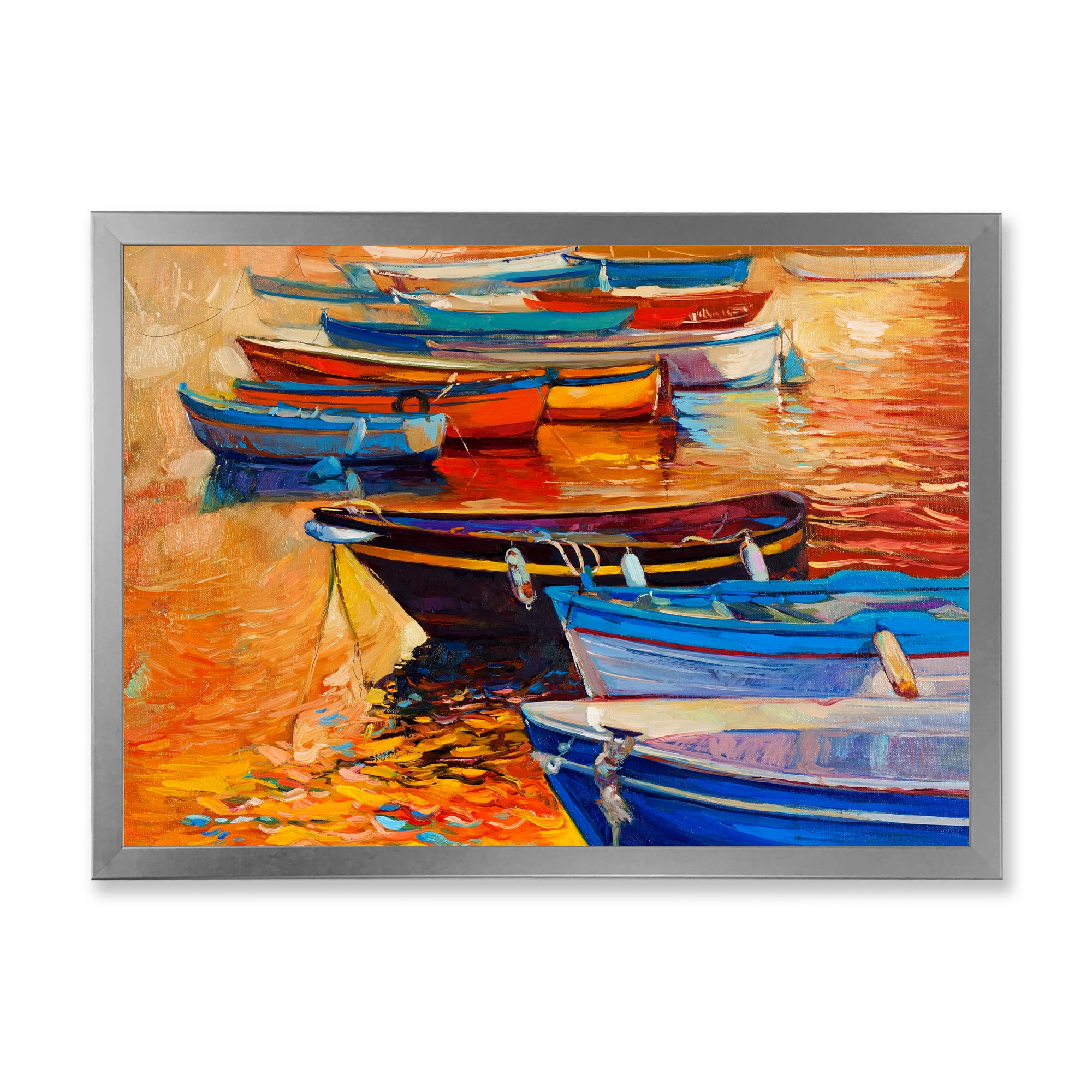 Boats During Warm Colored Sunset In The Harbor I 32 in x 24 in Framed Painting Canvas Art Print, by Designart