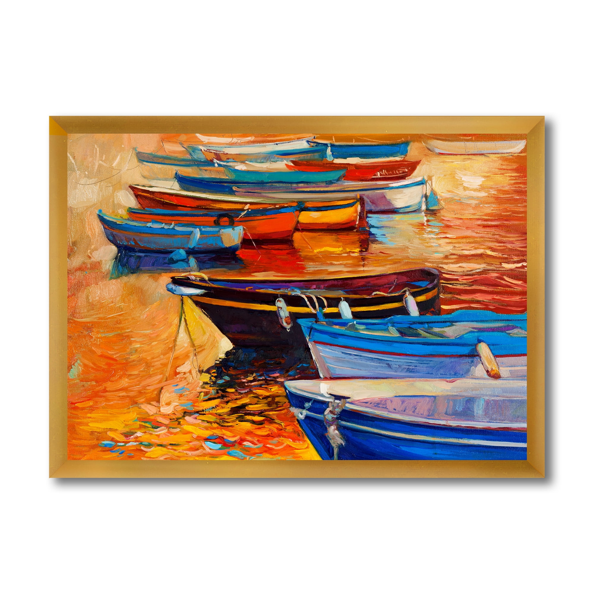 Boats During Warm Colored Sunset In The Harbor I 32 in x 24 in Framed Painting Canvas Art Print, by Designart