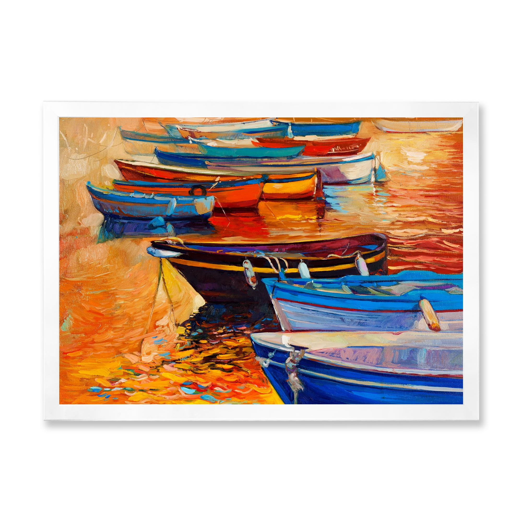 Boats During Warm Colored Sunset In The Harbor I 40 in x 30 in Framed Painting Canvas Art Print, by Designart