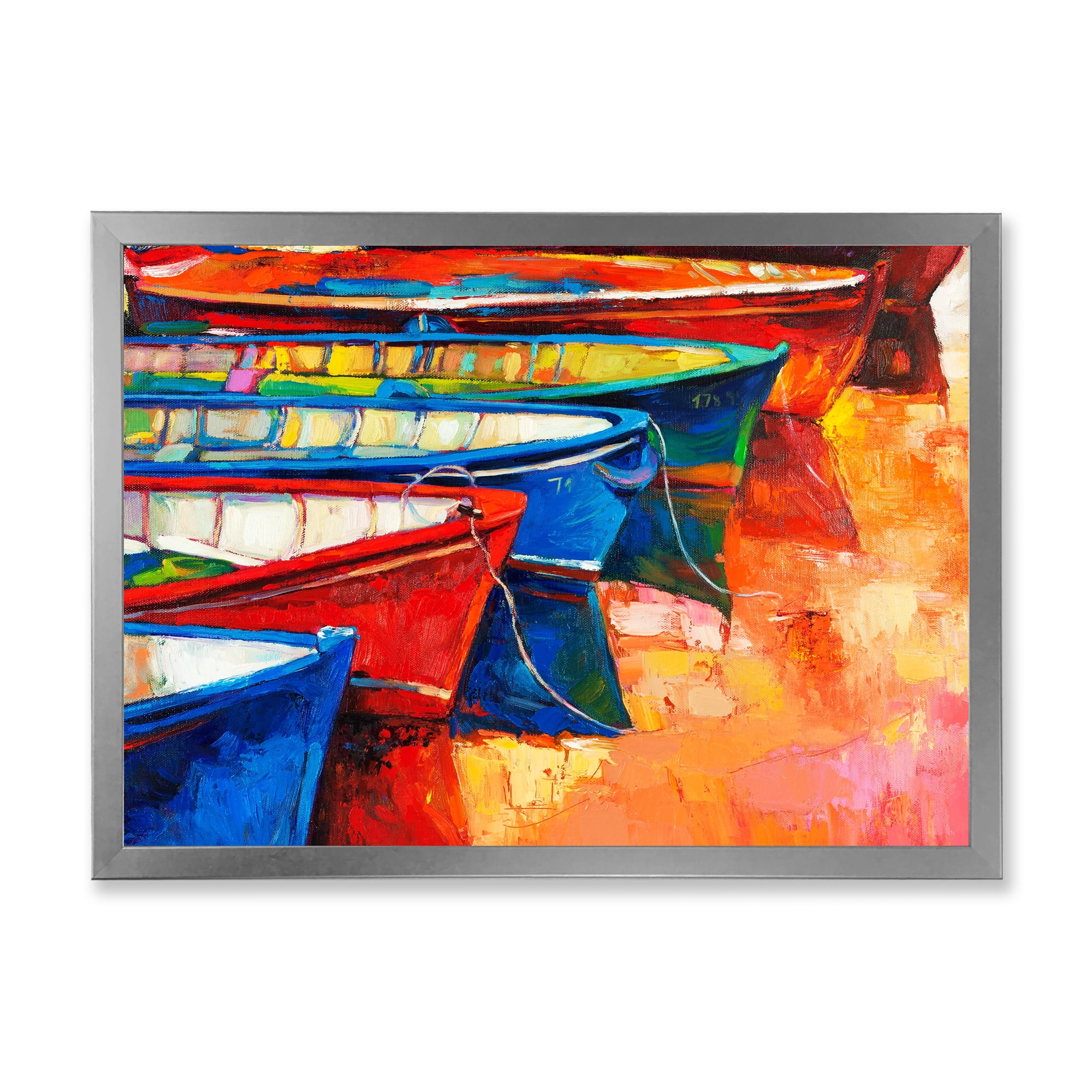 Boats During Warm Colored Sunset In The Harbor II 20 in x 12 in Framed Painting Canvas Art Print, by Designart