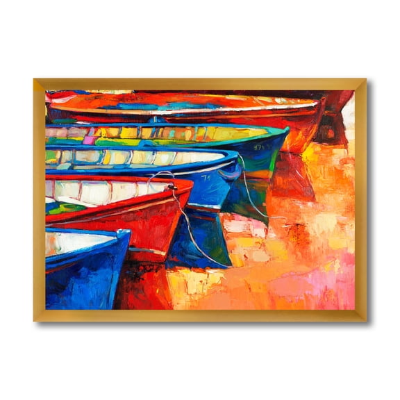 Boats During Warm Colored Sunset In The Harbor II 20 in x 12 in Framed Painting Canvas Art Print, by Designart