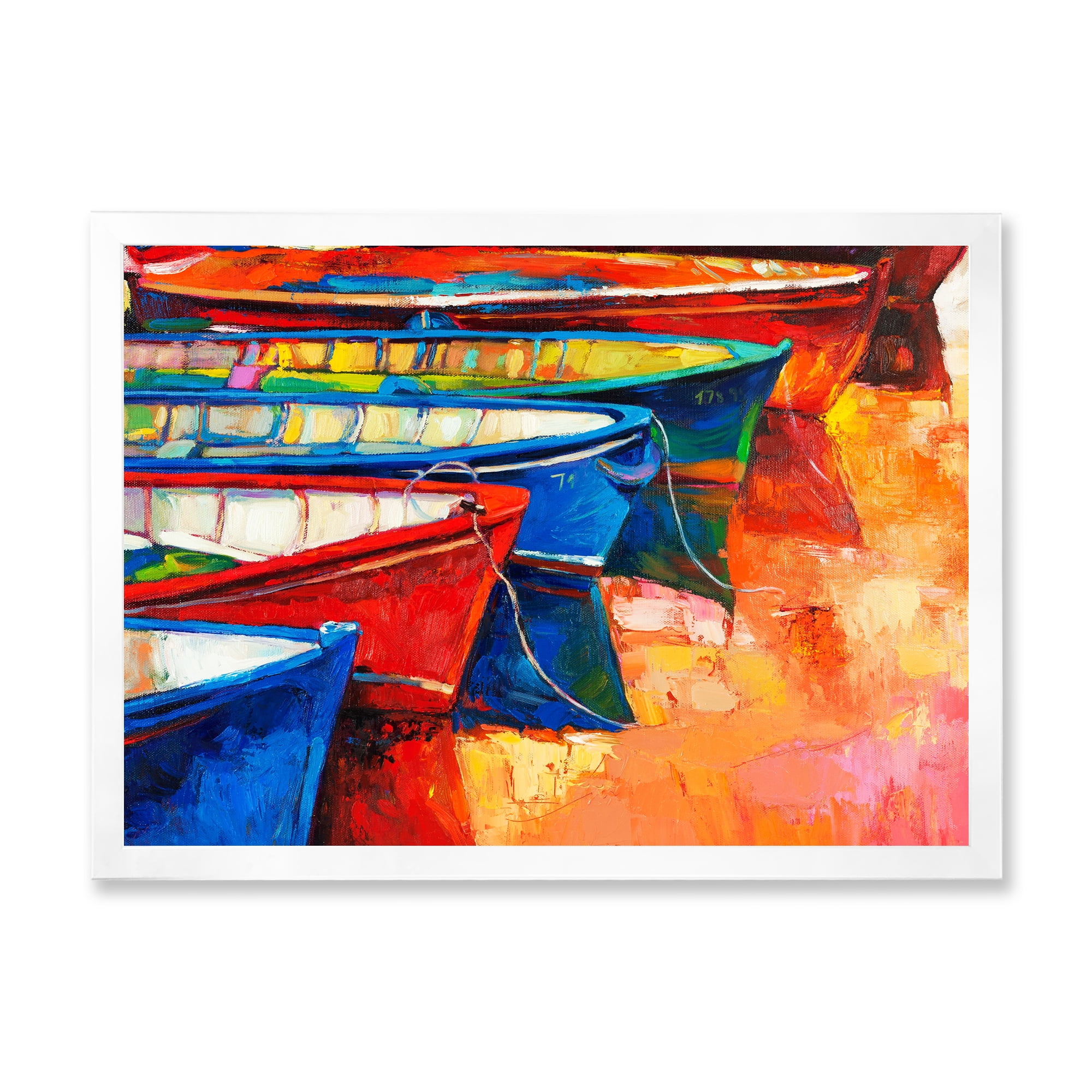 Boats During Warm Colour Sunset In The Harbor II 32 in x 16 in Framed Painting Canvas Art Print, by Designart