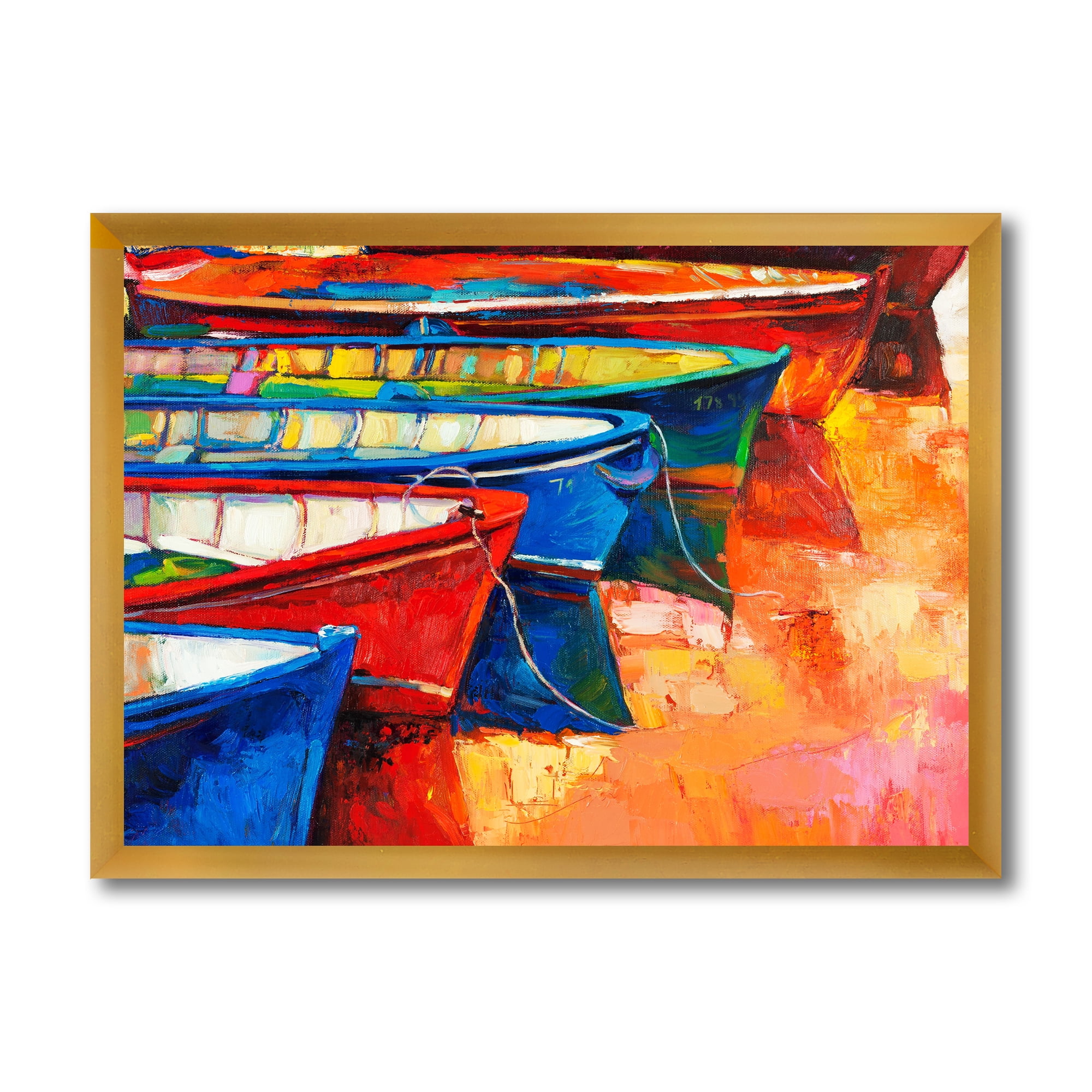 Boats During Warm Colour Sunset In The Harbor II 32 in x 16 in Framed Painting Canvas Art Print, by Designart