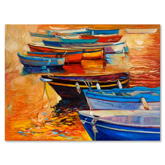Boats During Warm Colourd Sunset In The Harbor I 8 in x 12 in Painting Canvas Art Print, by Designart