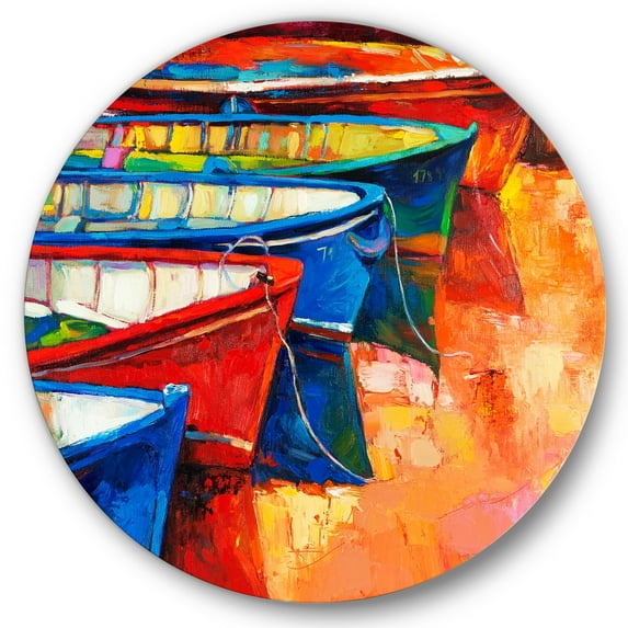 Boats During Warm Colourd Sunset In The Harbor II 11 in x 11 in Painting Art Prints, by Designart