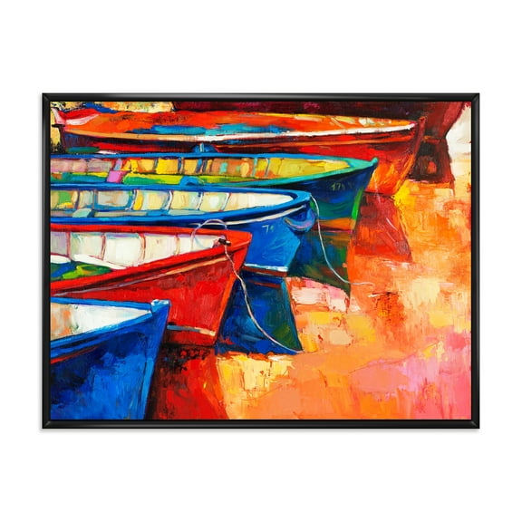 Boats During Warm Coloured Sunset In The Harbor II 20 in x 12 in Framed Painting Canvas Art Print, by Designart
