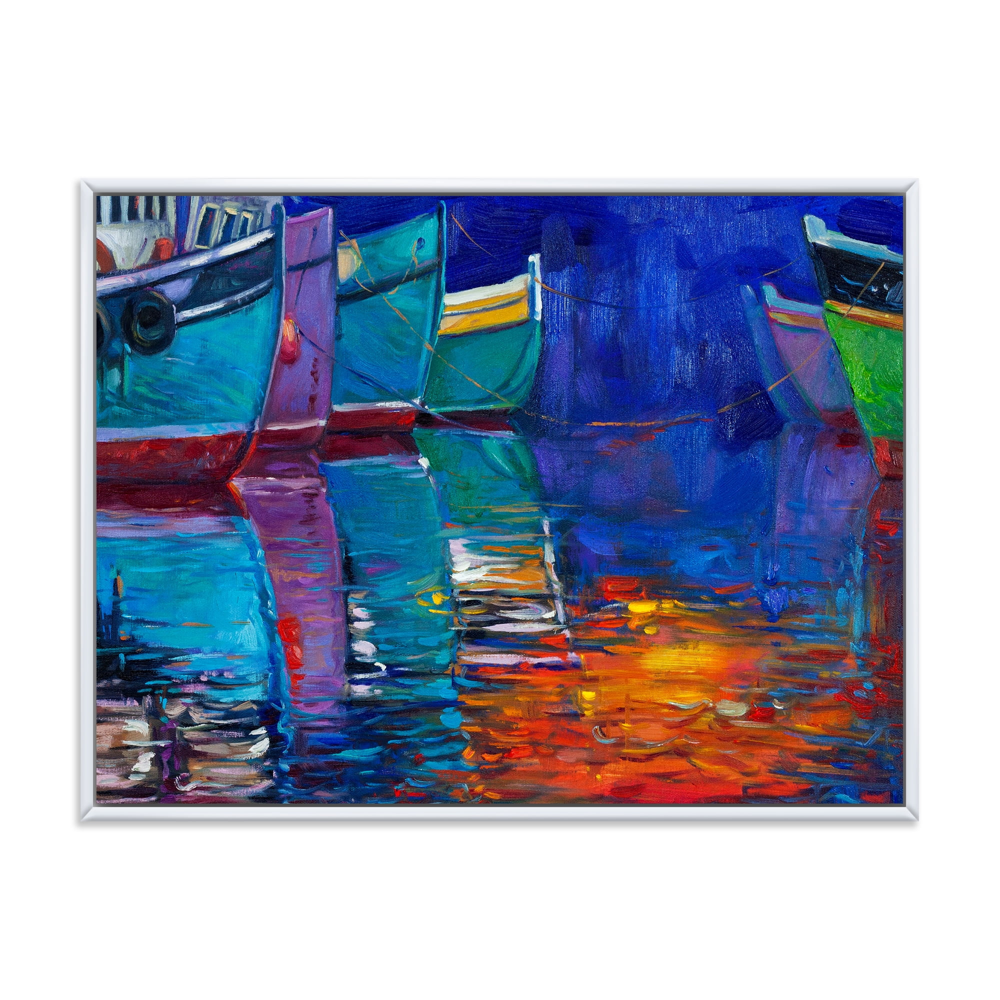 Boats During Warm Sunset Resting On The Water I 20 in x 12 in Framed Painting Canvas Art Print, by Designart