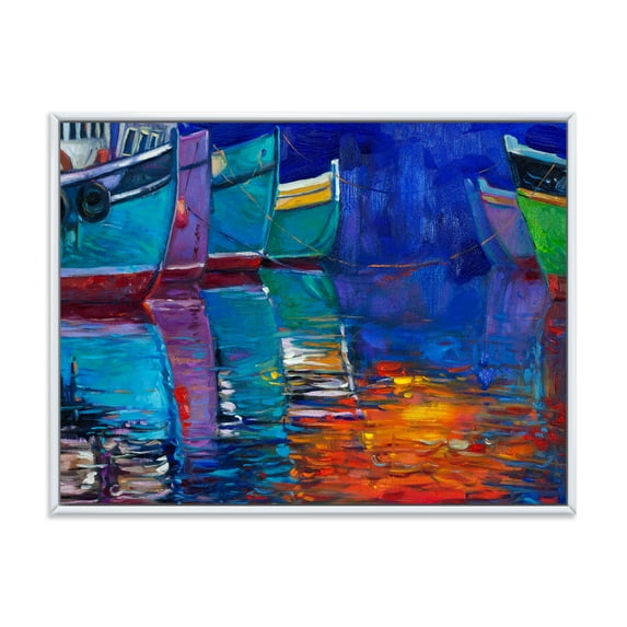 Boats During Warm Sunset Resting On The Water I 20 in x 12 in Framed Painting Canvas Art Print, by Designart