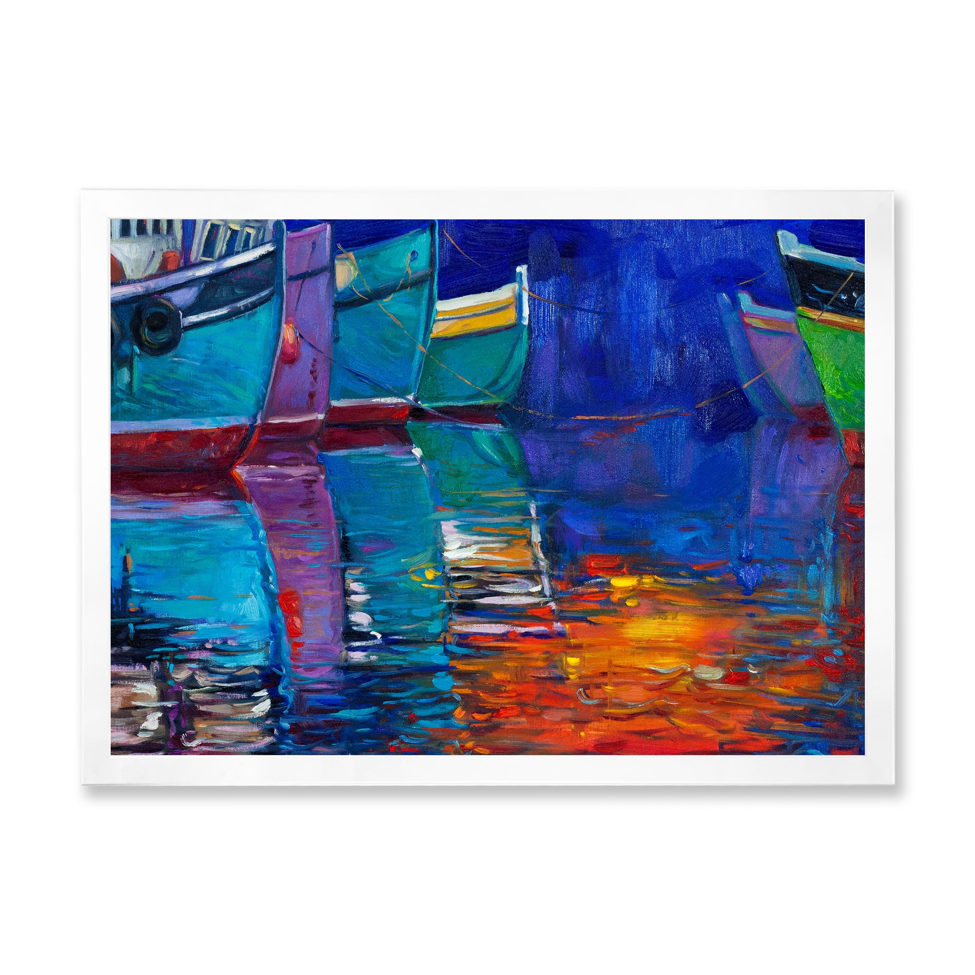 Boats During Warm Sunset Resting On The Water I 20 in x 12 in Framed Painting Canvas Art Print, by Designart