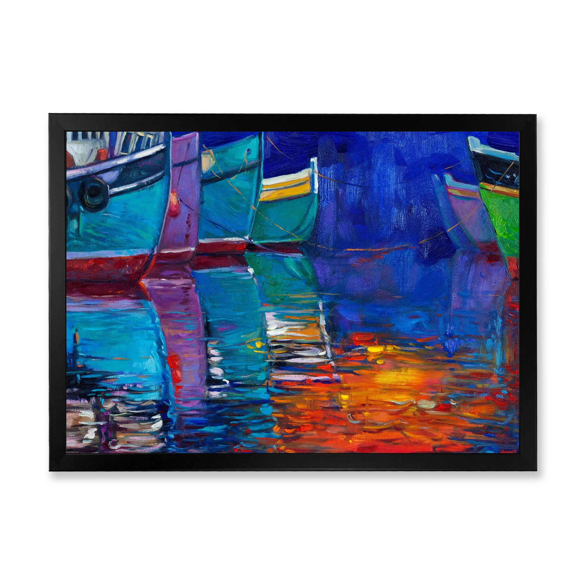 Boats During Warm Sunset Resting On The Water I 20 in x 12 in Framed Painting Canvas Art Print, by Designart
