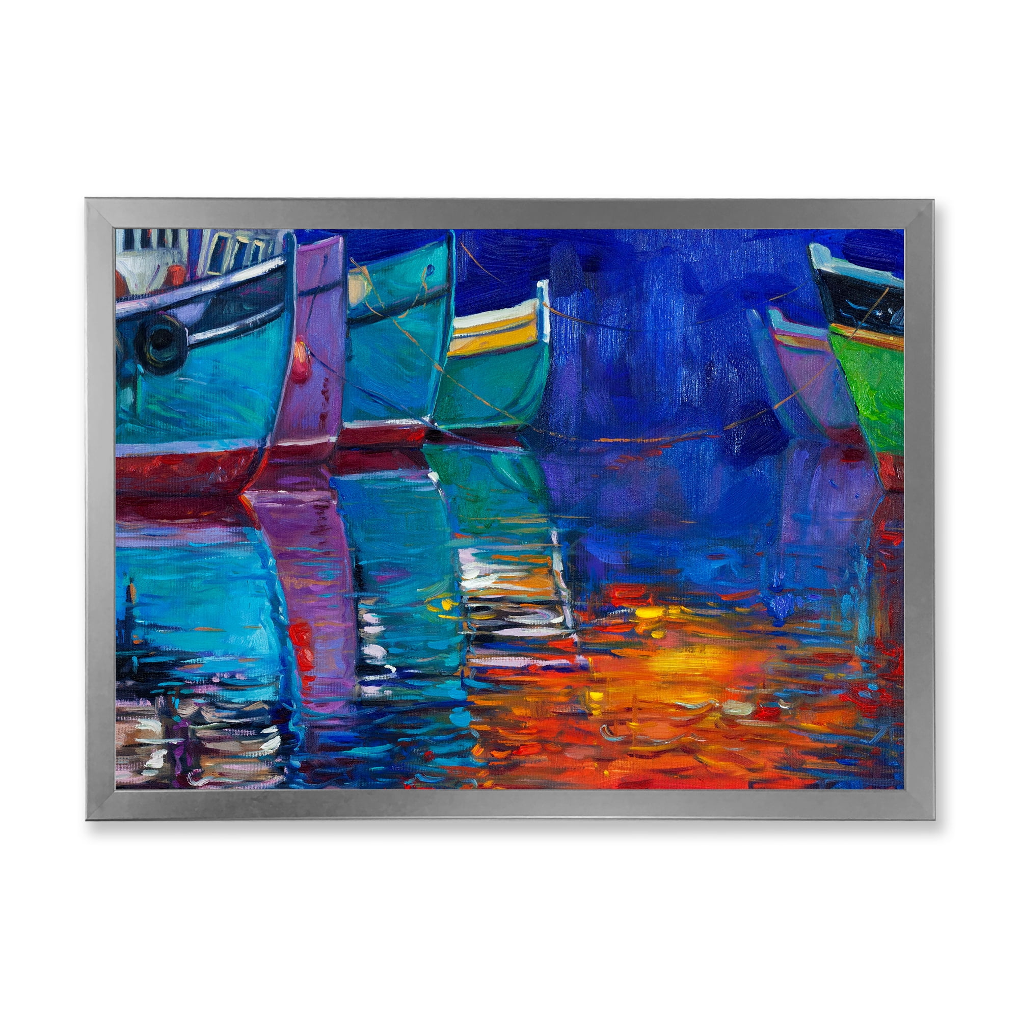 Boats During Warm Sunset Resting On The Water I 32 in x 16 in Framed Painting Canvas Art Print, by Designart