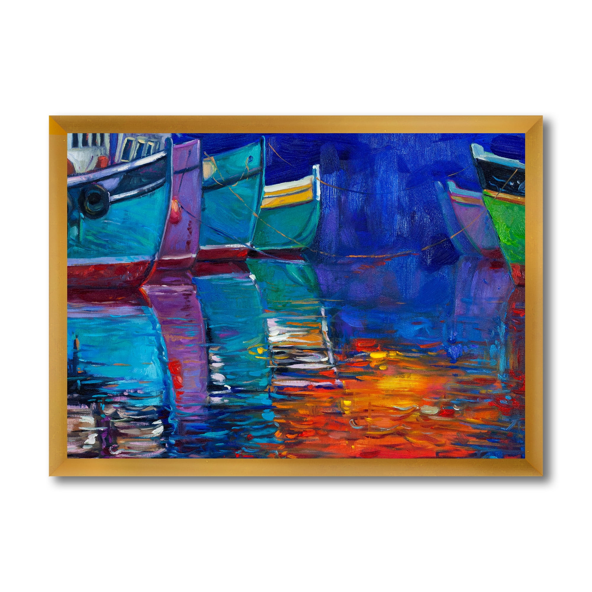 Boats During Warm Sunset Resting On The Water I 40 in x 30 in Framed Painting Canvas Art Print, by Designart