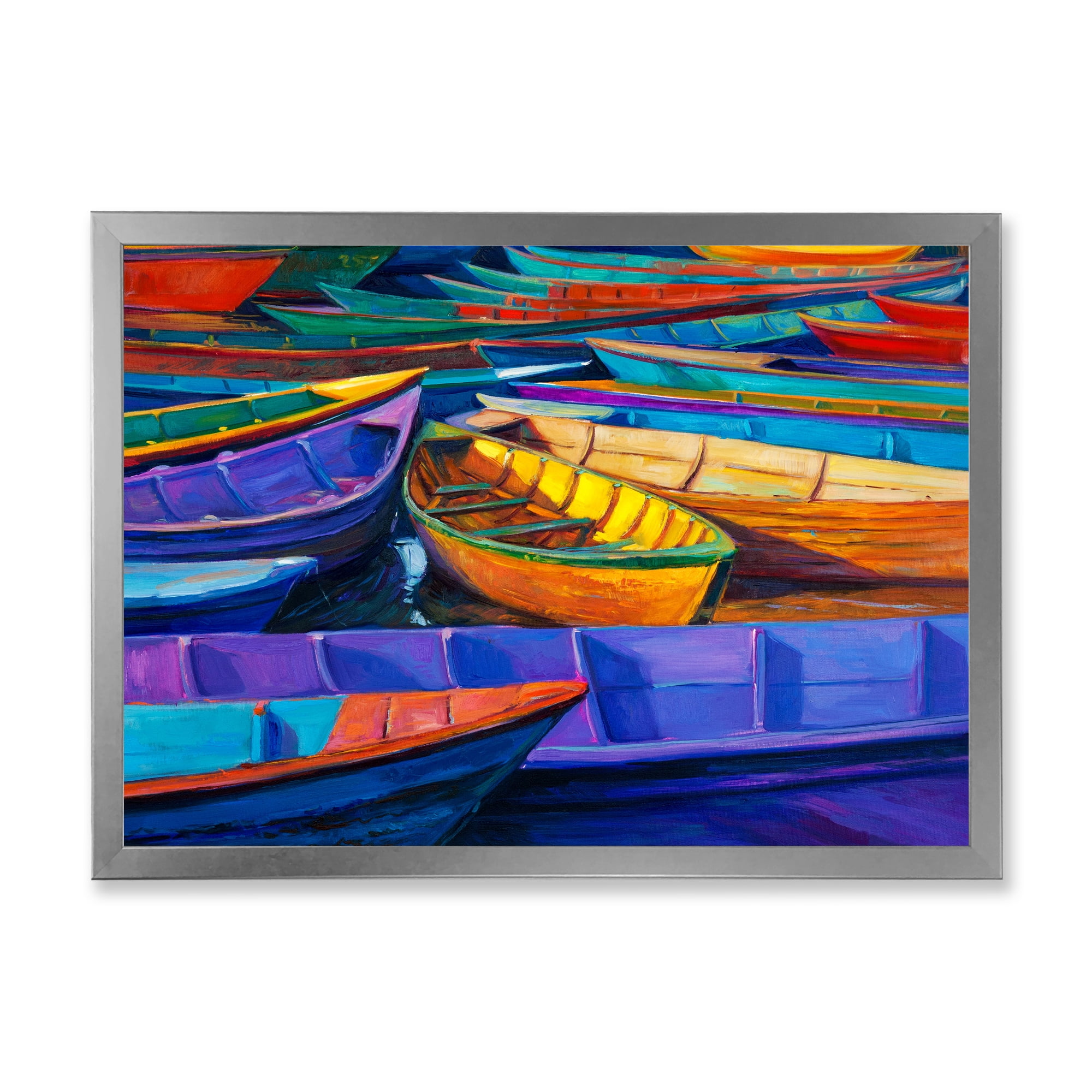 Boats During Warm Sunset Resting On The Water II 20 in x 12 in Framed Painting Canvas Art Print, by Designart