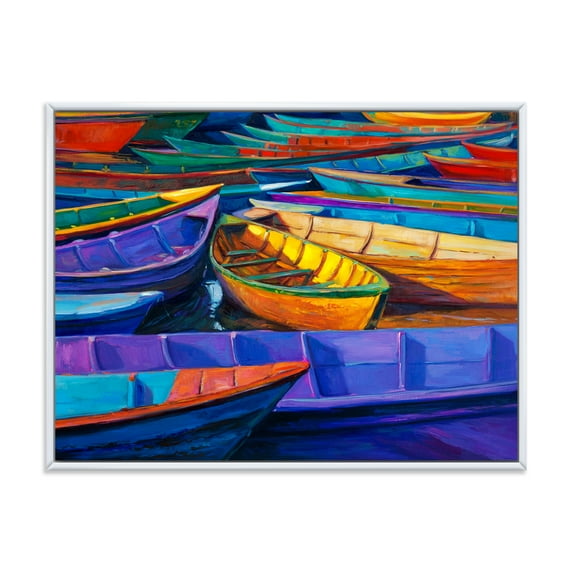 Boats During Warm Sunset Resting On The Water II 20 in x 12 in Framed Painting Canvas Art Print, by Designart