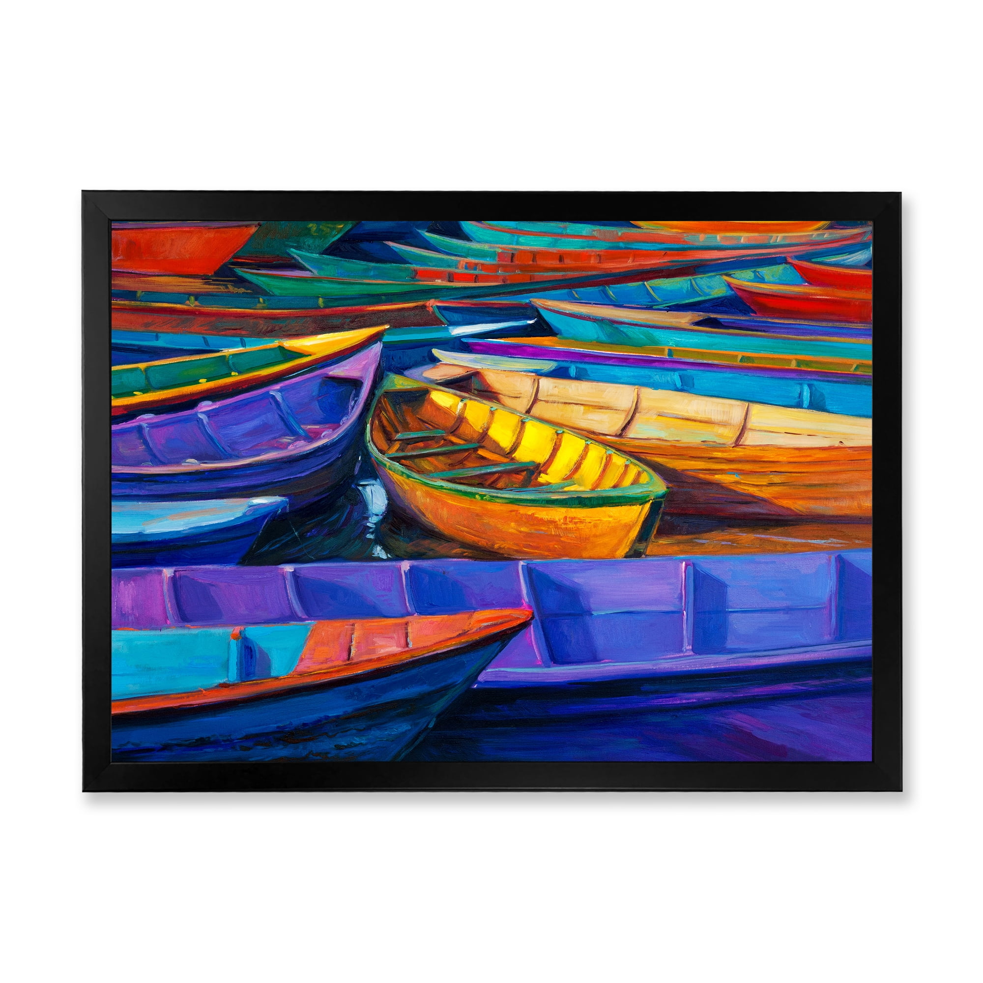 Boats During Warm Sunset Resting On The Water II 32 in x 24 in Framed Painting Canvas Art Print, by Designart