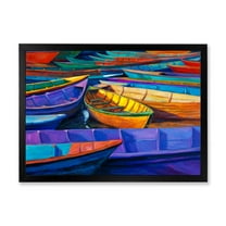 Boats During Warm Sunset Resting On The Water II 40 in x 30 in Framed Painting Canvas Art Print, by Designart