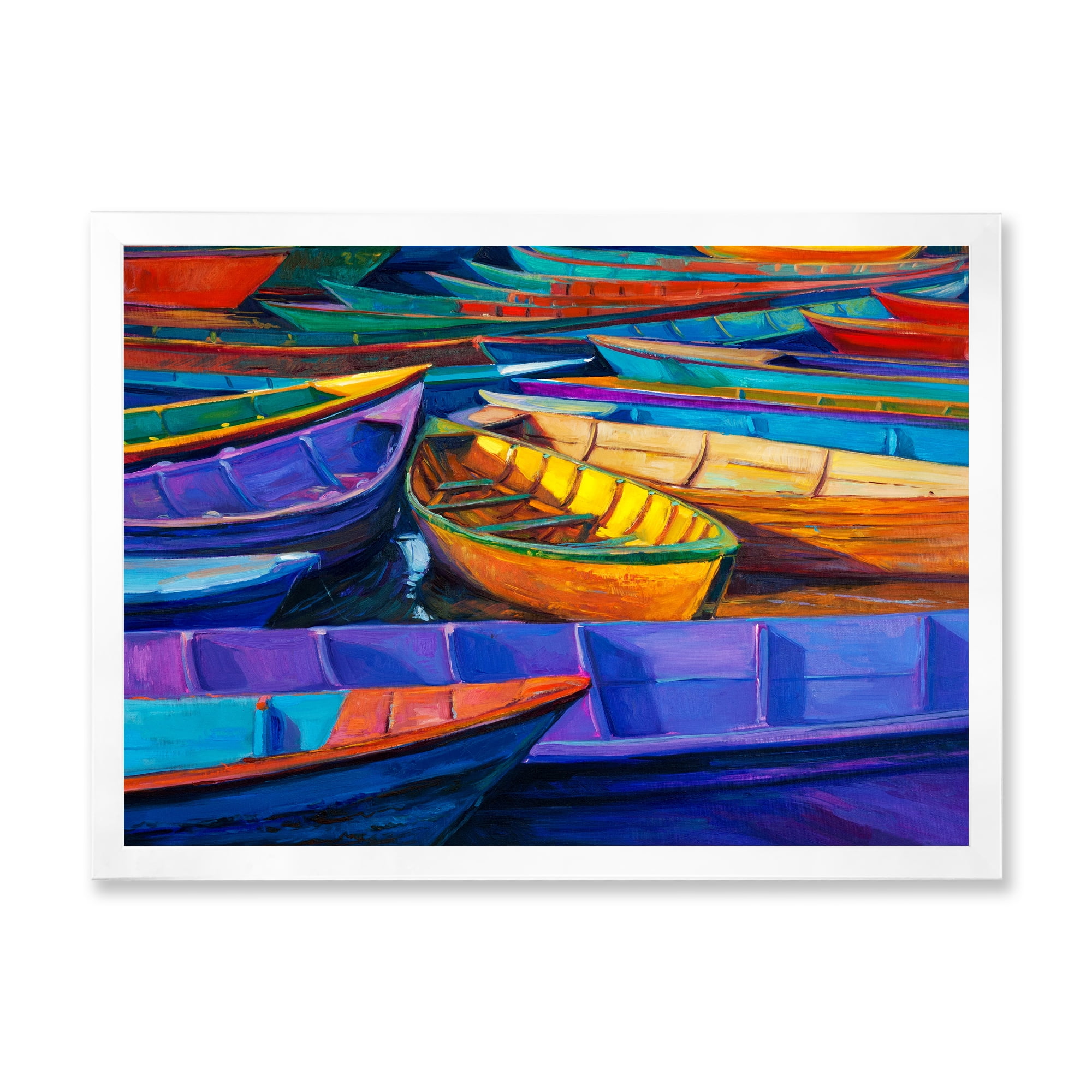 Boats During Warm Sunset Resting On The Water II 40 in x 30 in Framed Painting Canvas Art Print, by Designart