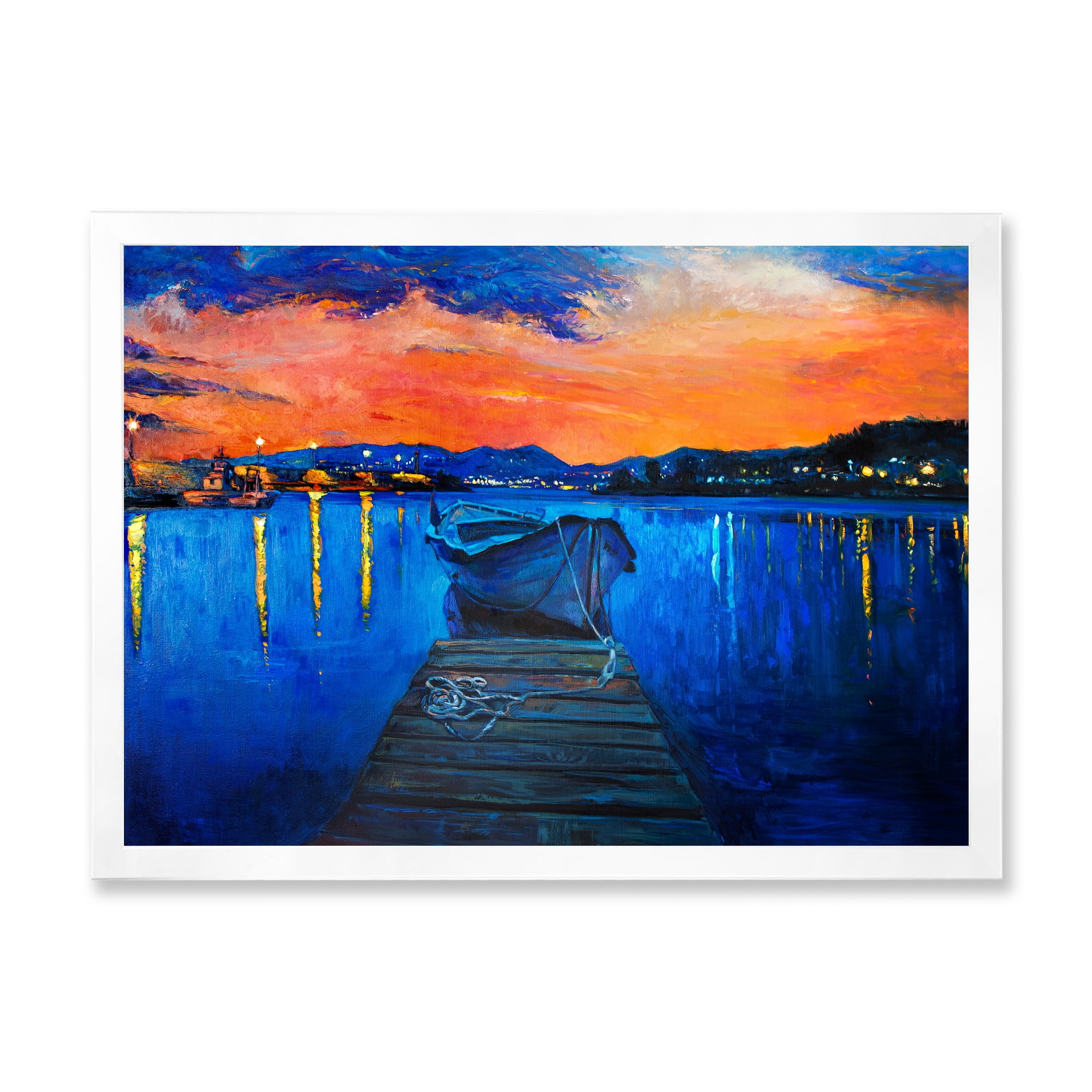 Boats During Warm Sunset Resting On The Water III 32 in x 24 in Framed Painting Canvas Art Print, by Designart