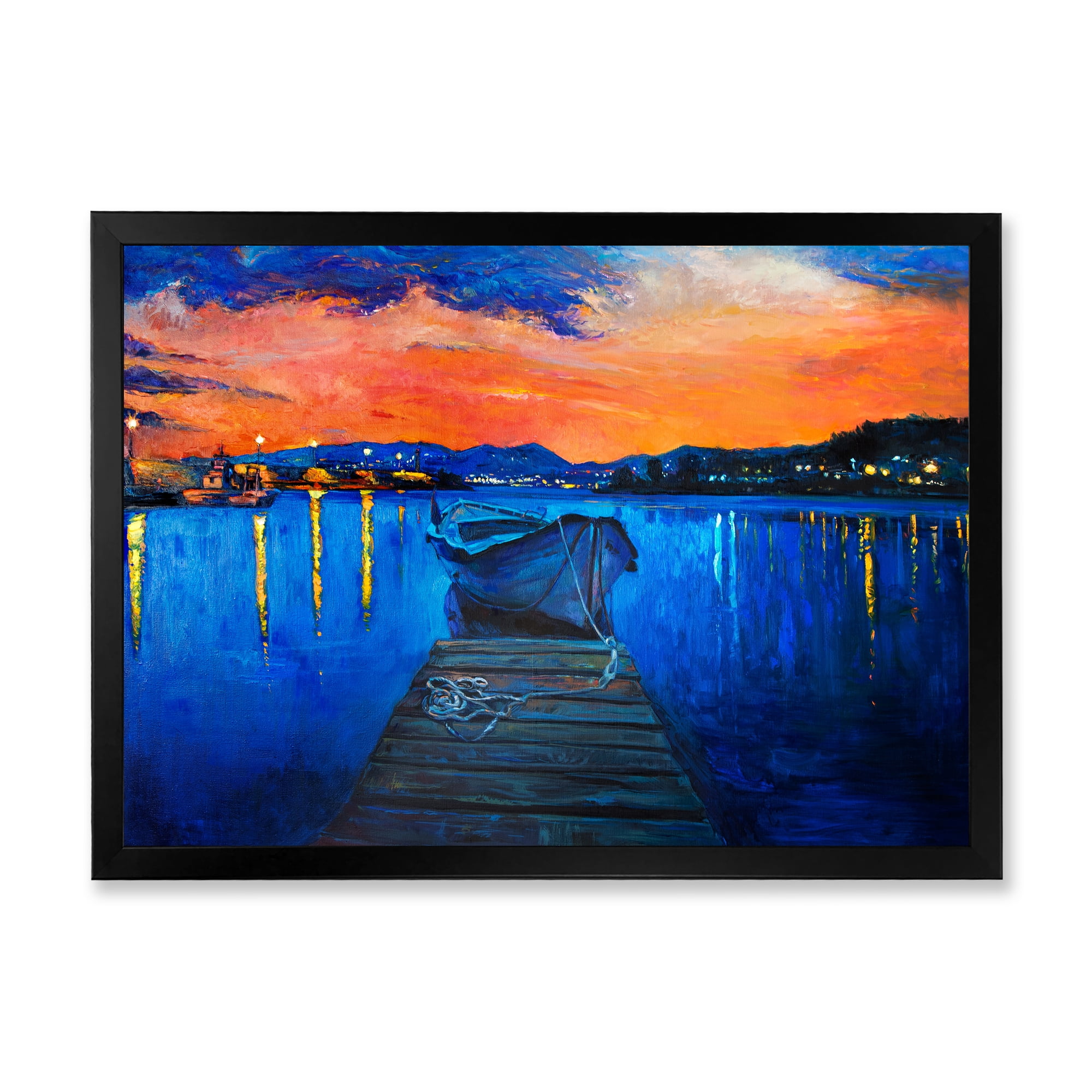 Boats During Warm Sunset Resting On The Water III 40 in x 30 in Framed Painting Canvas Art Print, by Designart