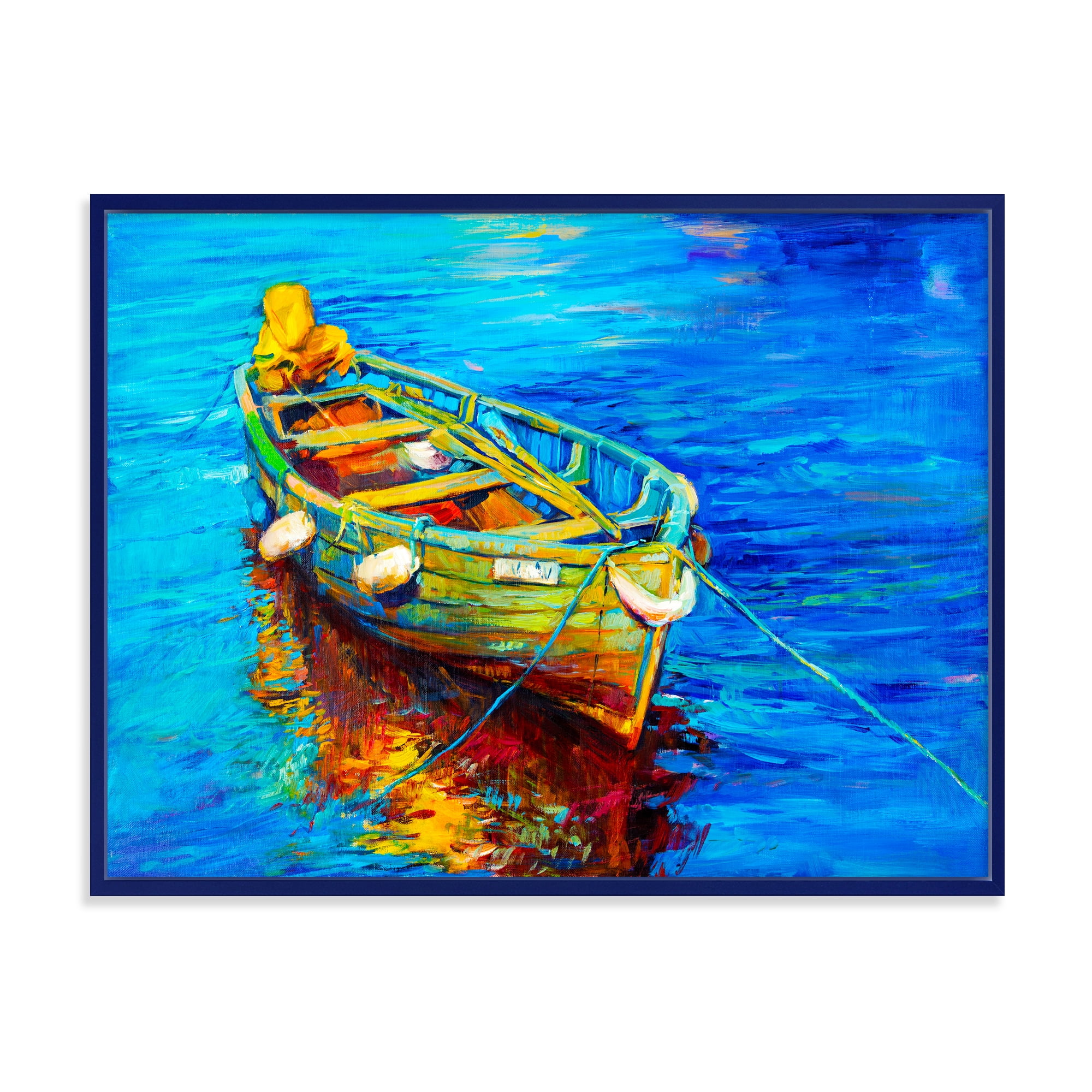 Boats During Warm Sunset Resting On The Water IV 20 in x 12 in Framed Painting Canvas Art Print, by Designart