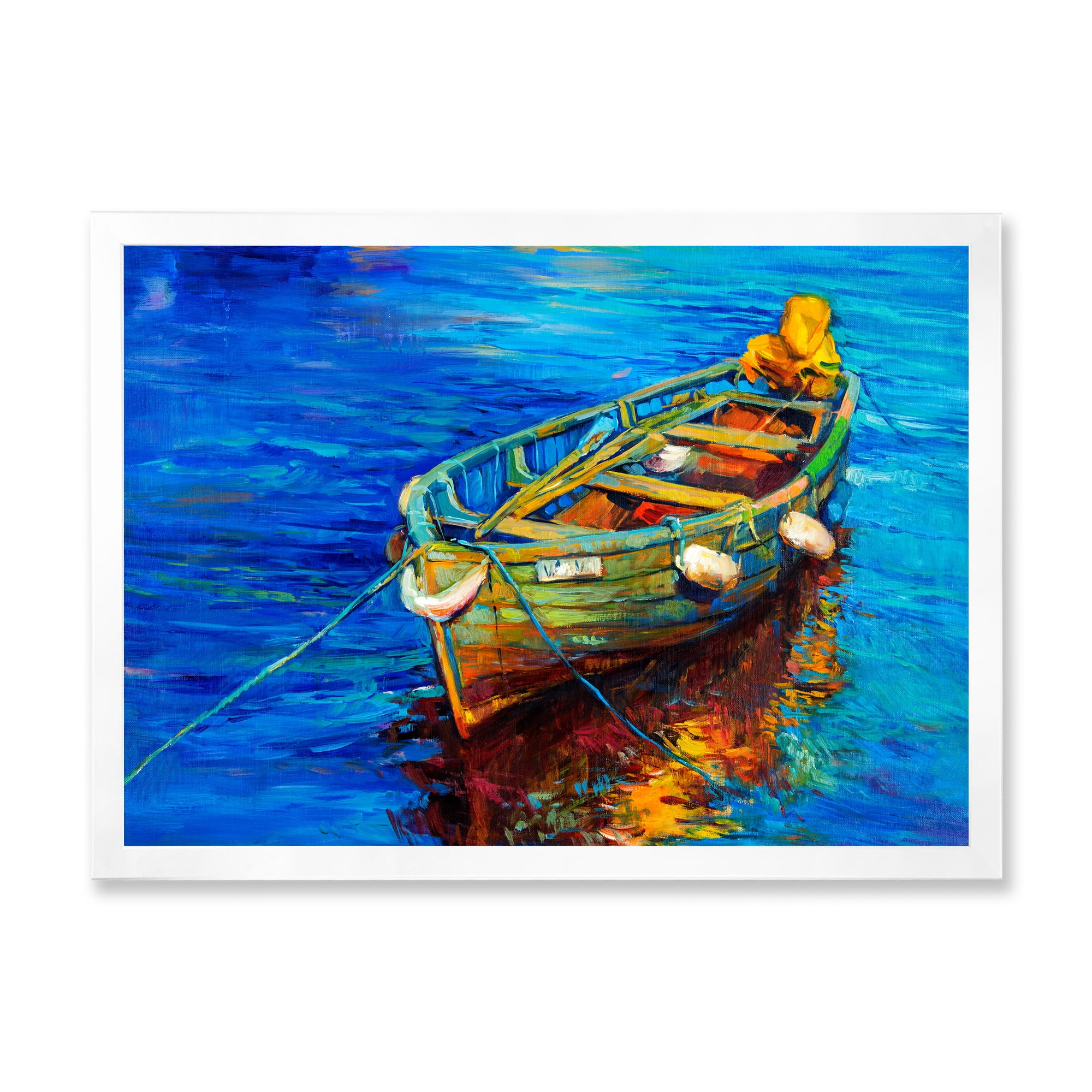 Boats During Warm Sunset Resting On The Water IV 32 in x 16 in Framed Painting Canvas Art Print, by Designart