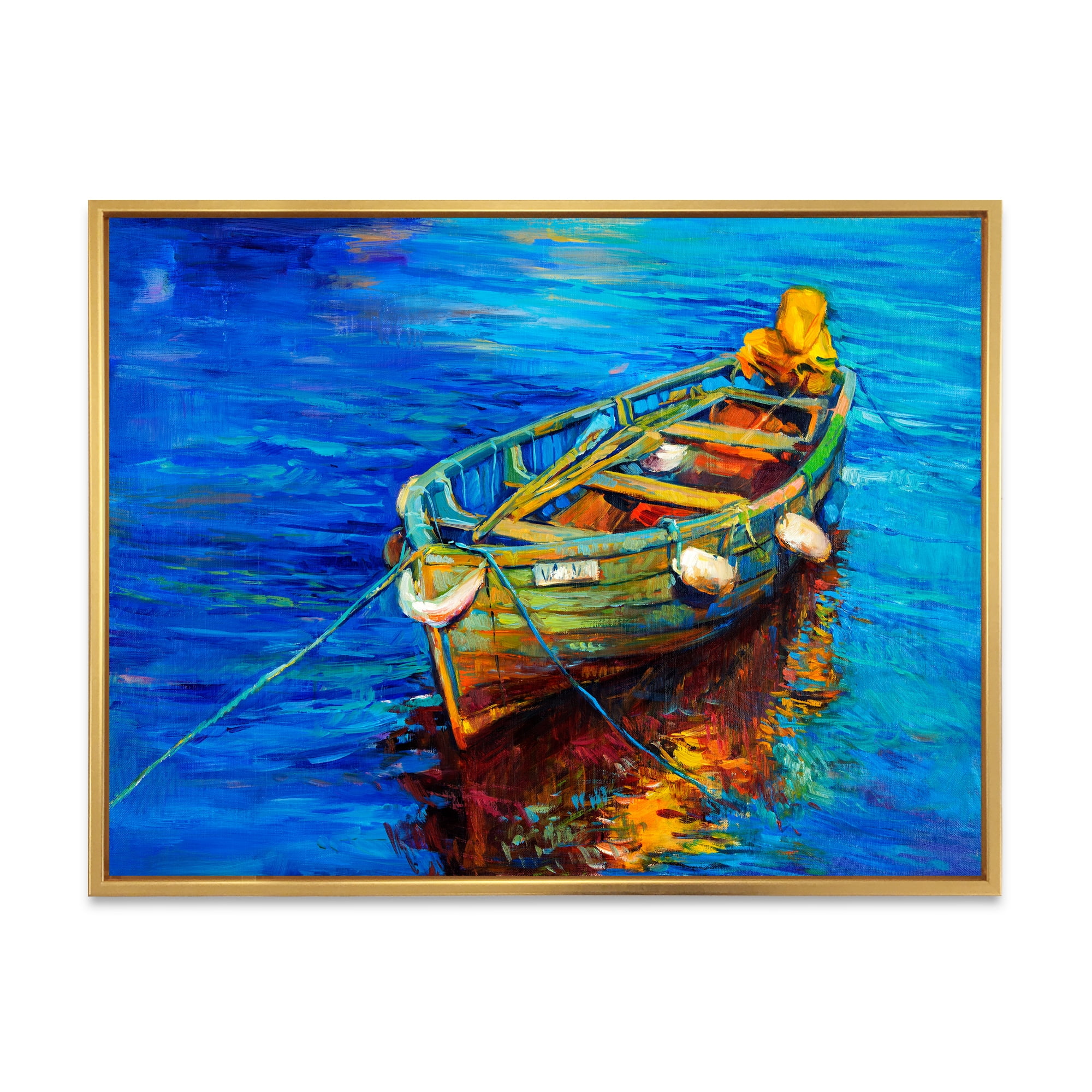 Boats During Warm Sunset Resting On The Water IV 32 in x 16 in Framed Painting Canvas Art Print, by Designart