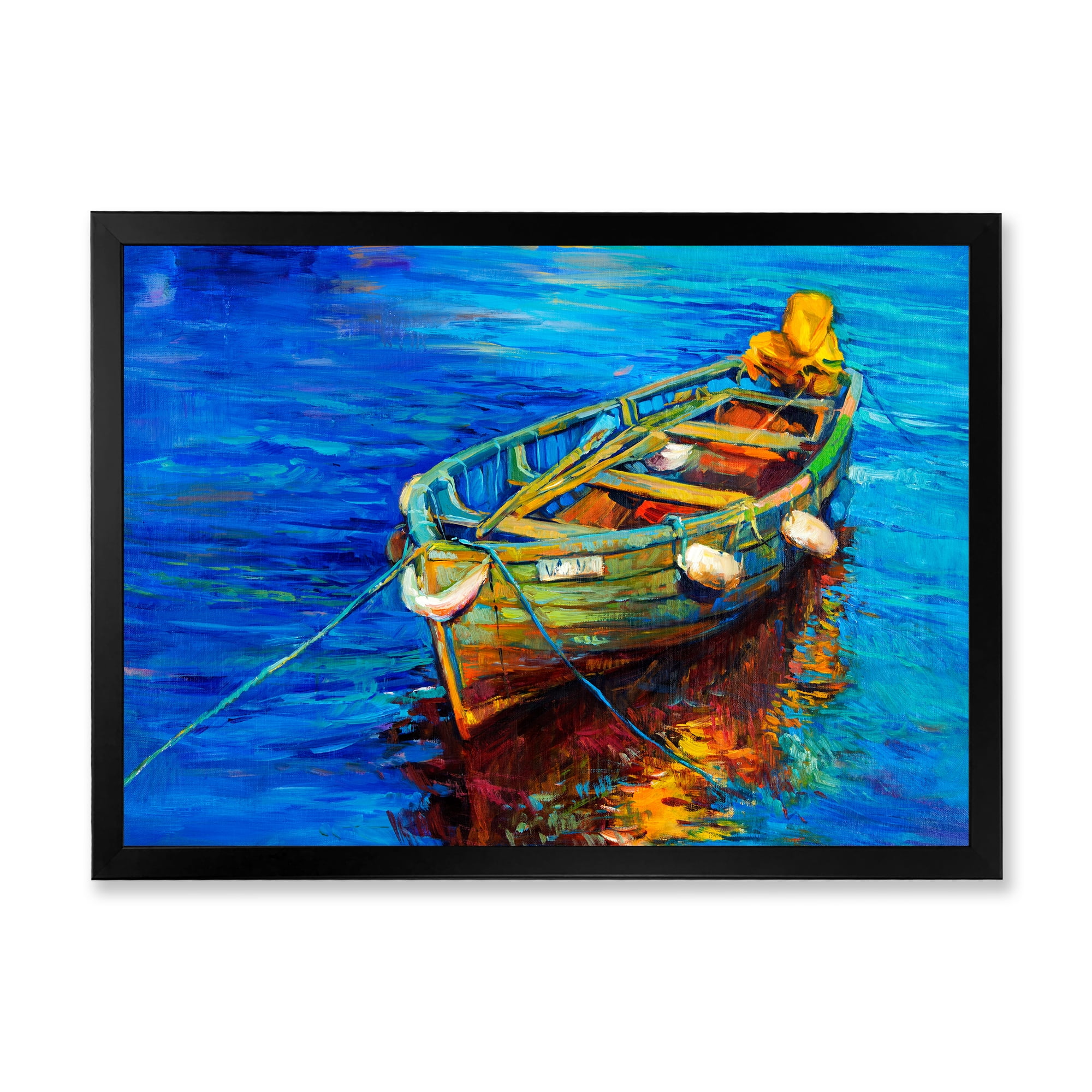 Boats During Warm Sunset Resting On The Water IV 32 in x 24 in Framed Painting Canvas Art Print, by Designart