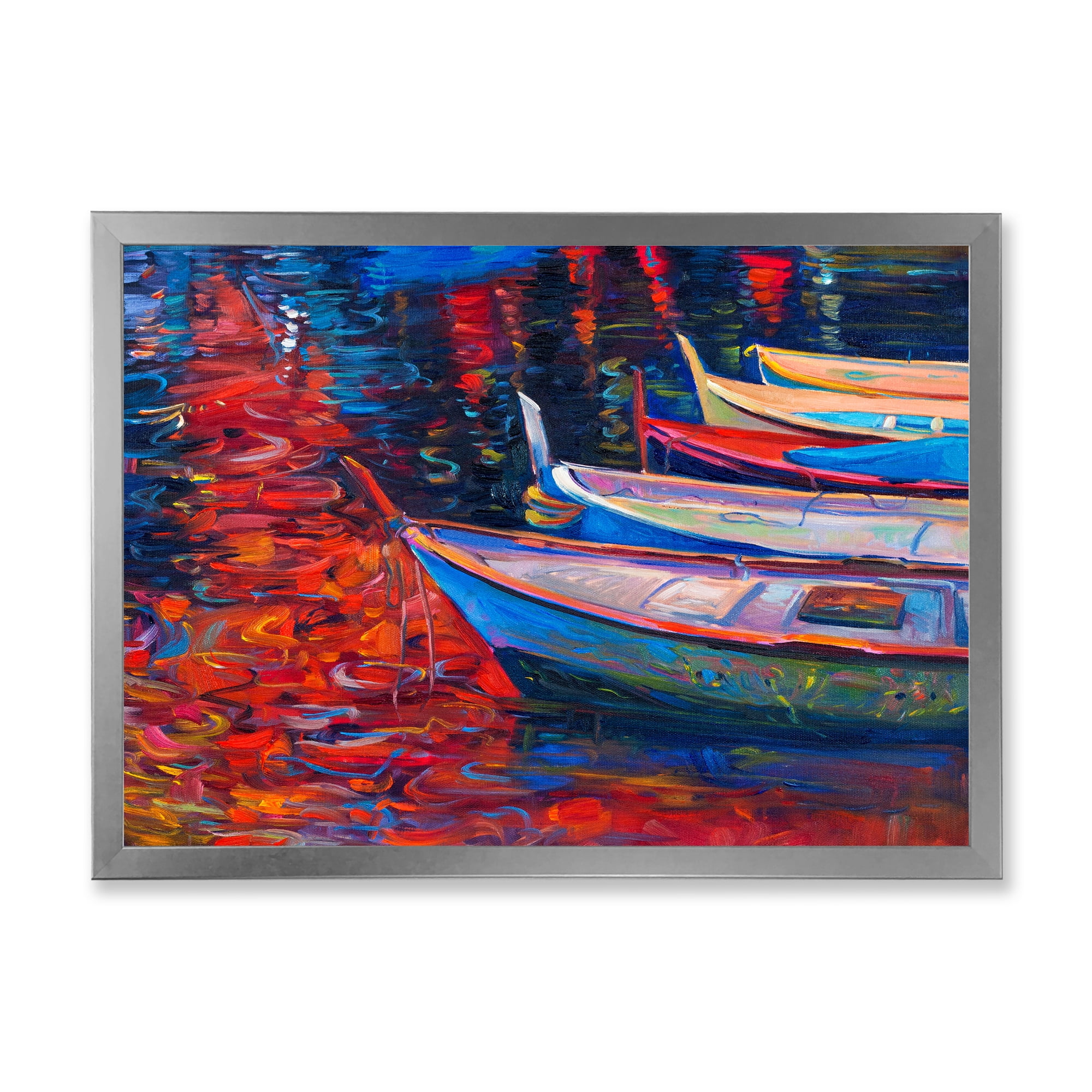 Boats During Warm Sunset Resting On The Water IX 20 in x 12 in Framed Painting Canvas Art Print, by Designart