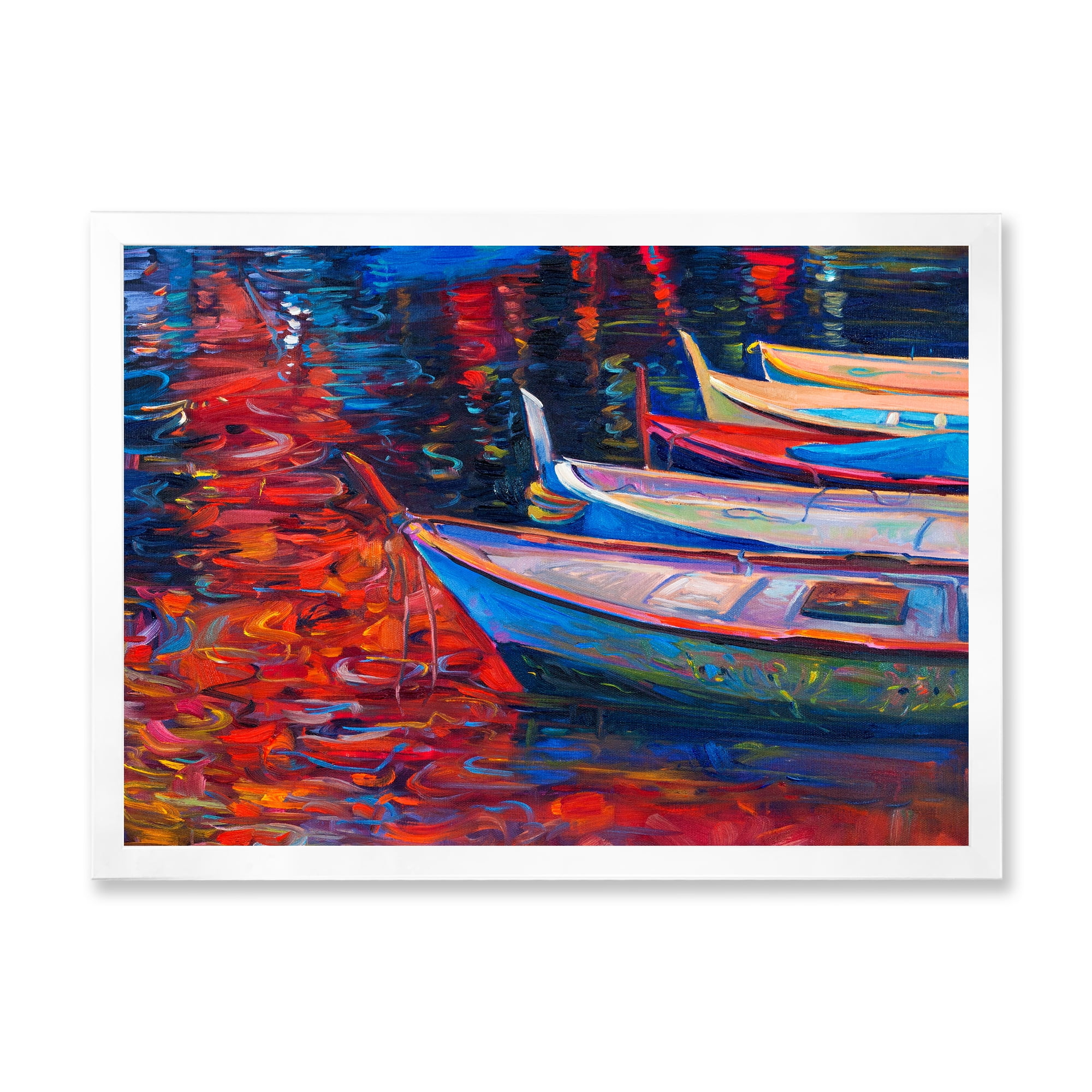 Boats During Warm Sunset Resting On The Water IX 32 in x 16 in Framed Painting Canvas Art Print, by Designart