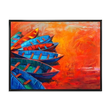 Boats During Warm Sunset Resting On The Water V 20 in x 12 in Framed Painting Canvas Art Print, by Designart