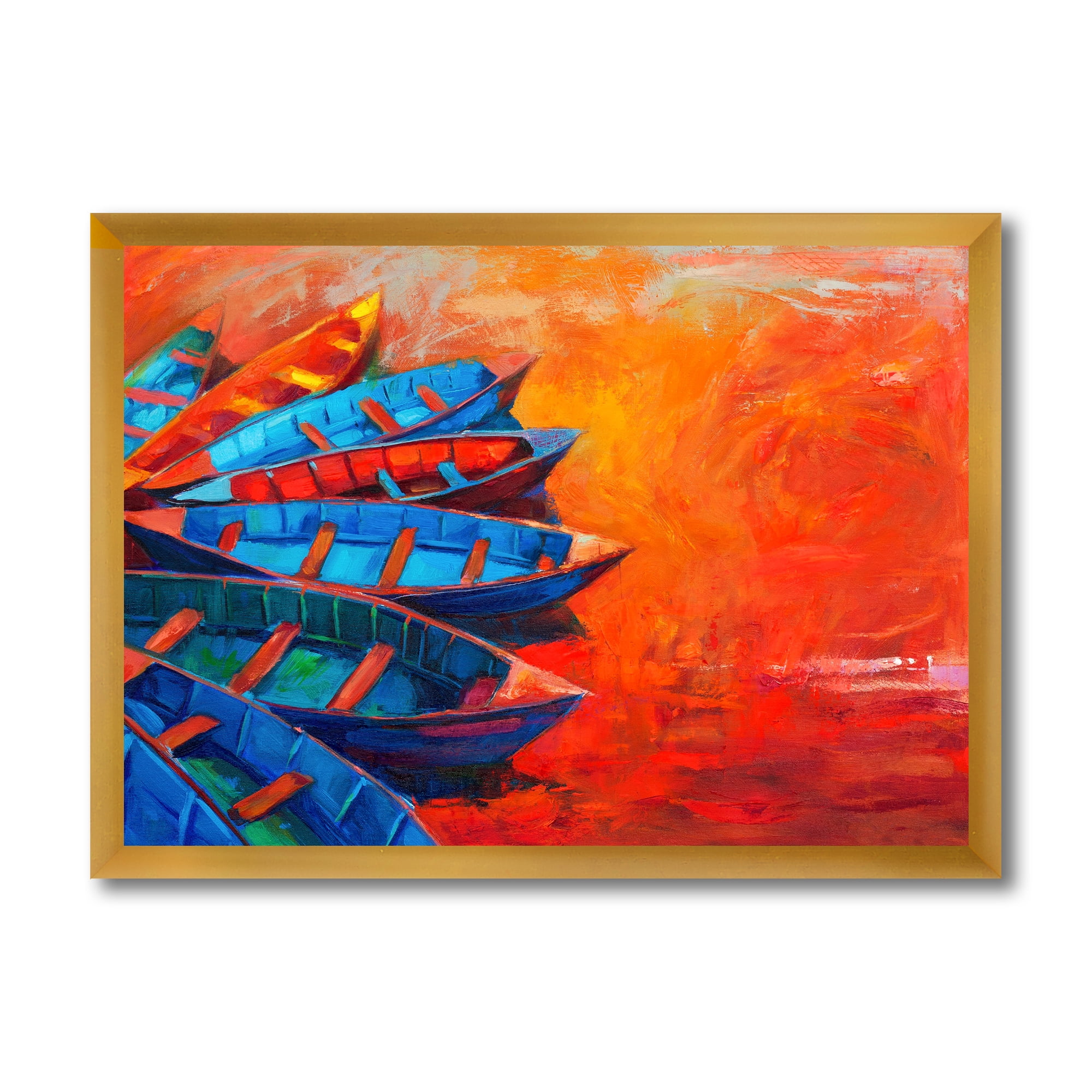 Boats During Warm Sunset Resting On The Water V 32 in x 16 in Framed Painting Canvas Art Print, by Designart