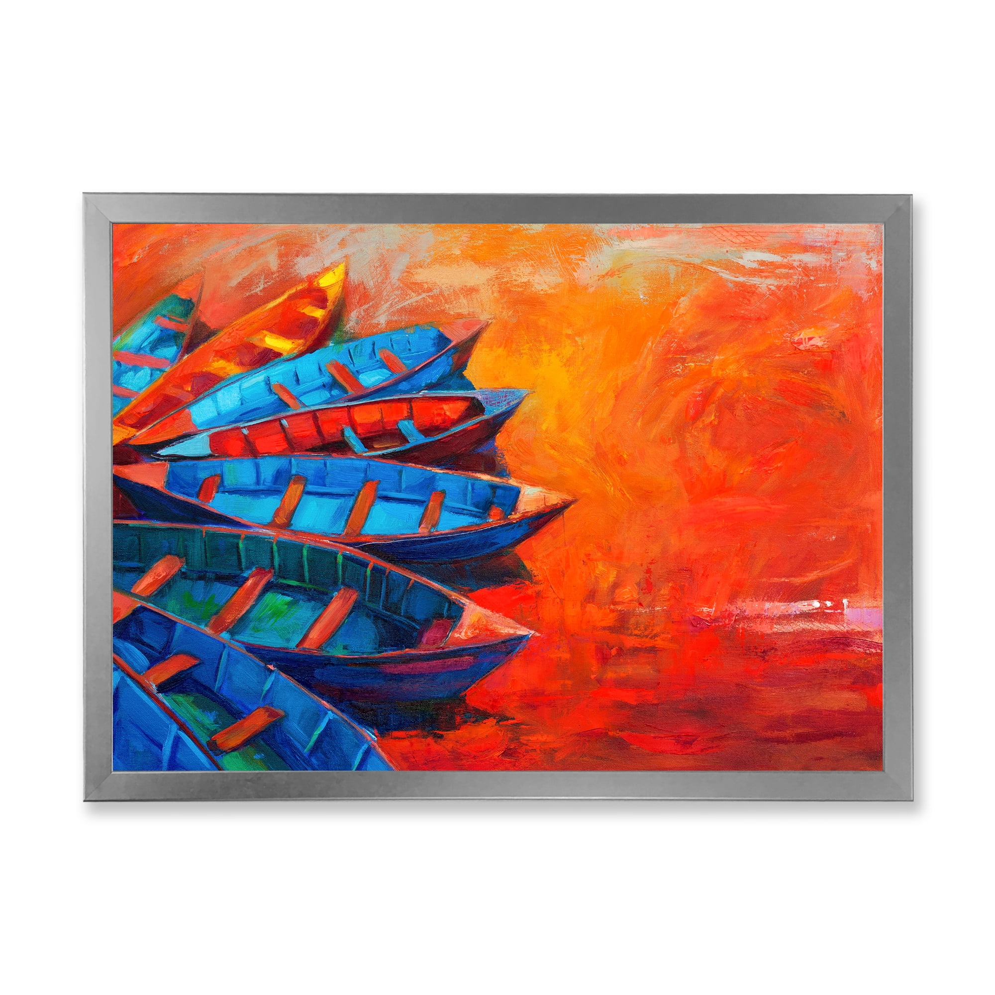Boats During Warm Sunset Resting On The Water V 32 in x 24 in Framed Painting Canvas Art Print, by Designart