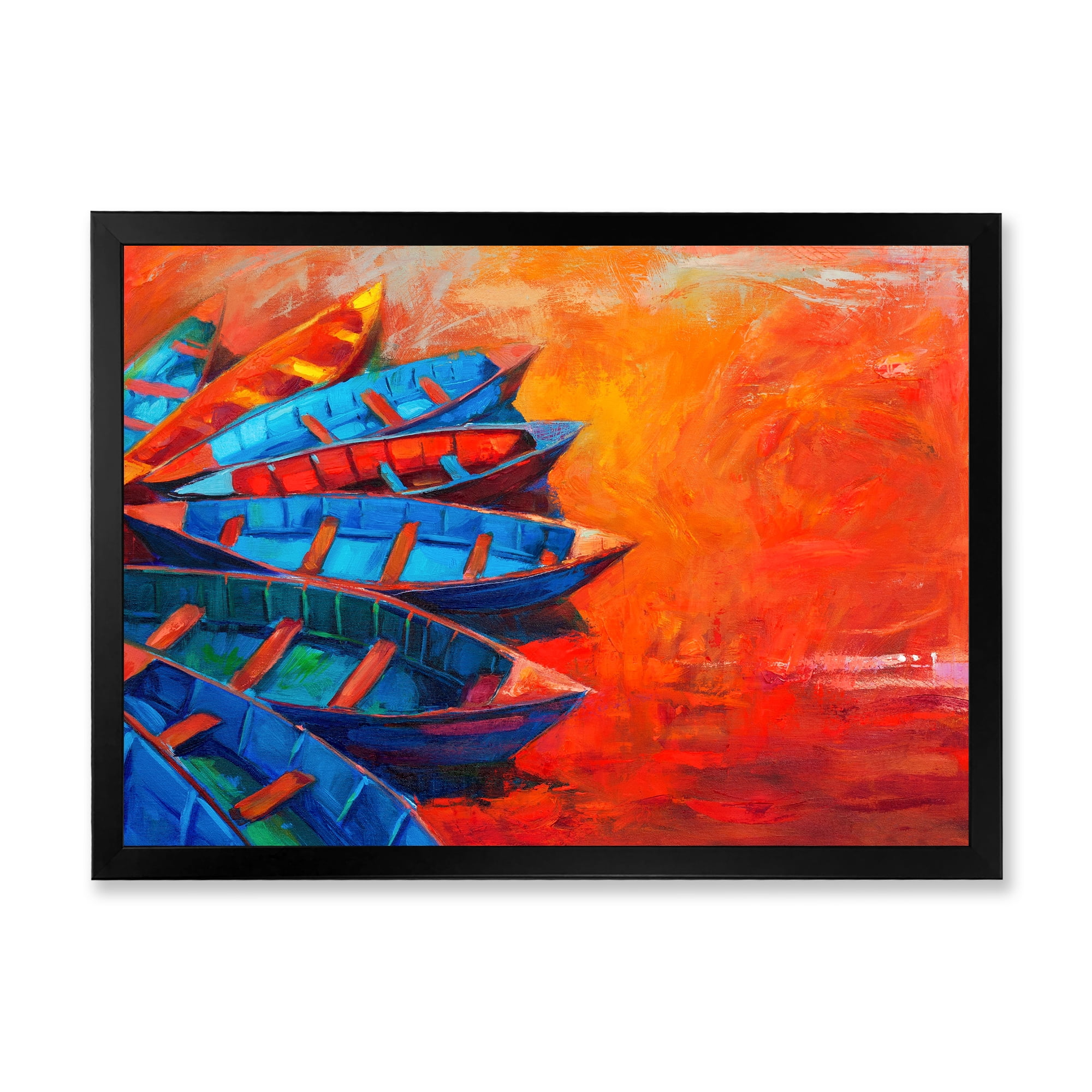 Boats During Warm Sunset Resting On The Water V 40 in x 30 in Framed Painting Canvas Art Print, by Designart