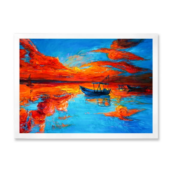 Boats During Warm Sunset Resting On The Water VI 20 in x 12 in Framed Painting Canvas Art Print, by Designart