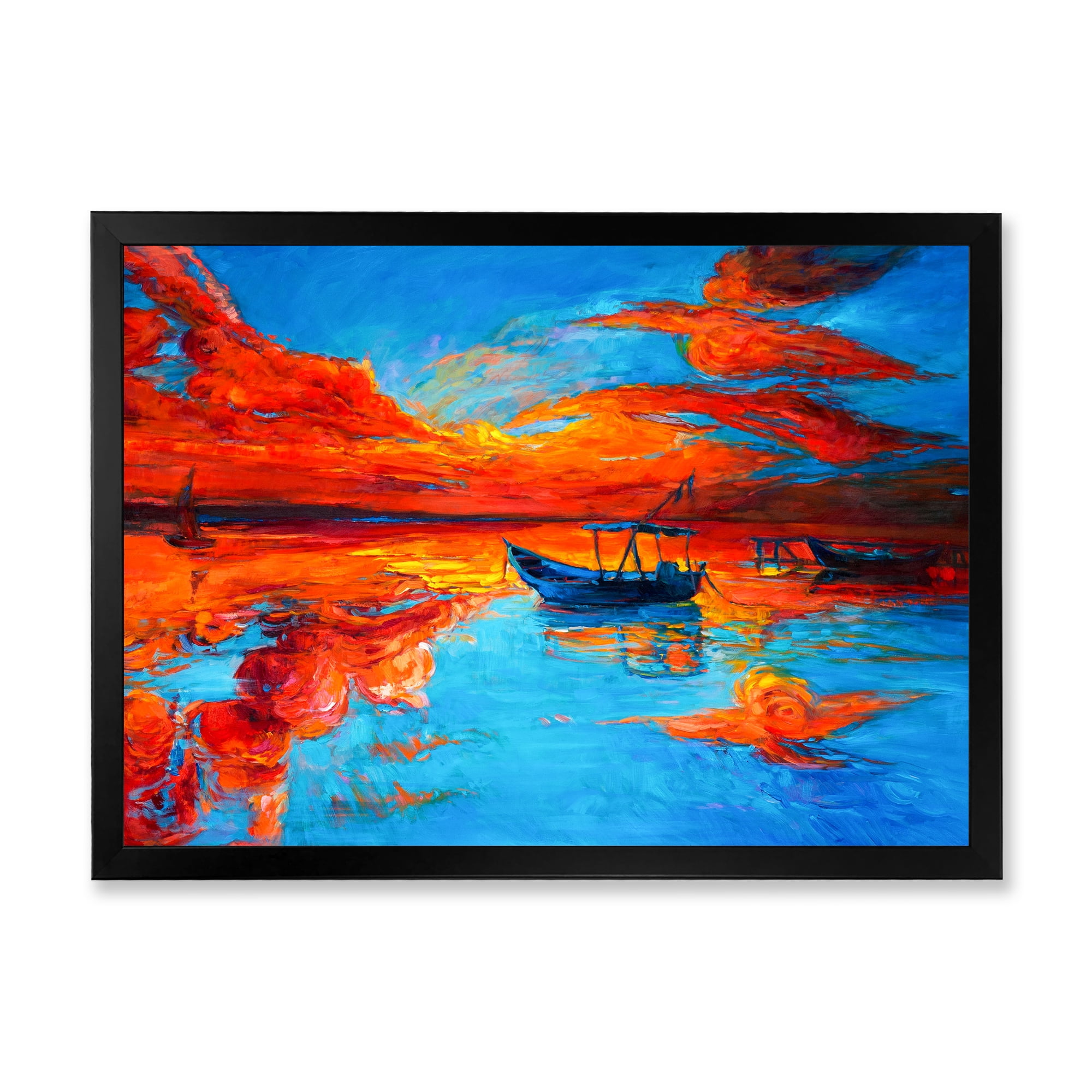 Boats During Warm Sunset Resting On The Water VI 20 in x 12 in Framed Painting Canvas Art Print, by Designart