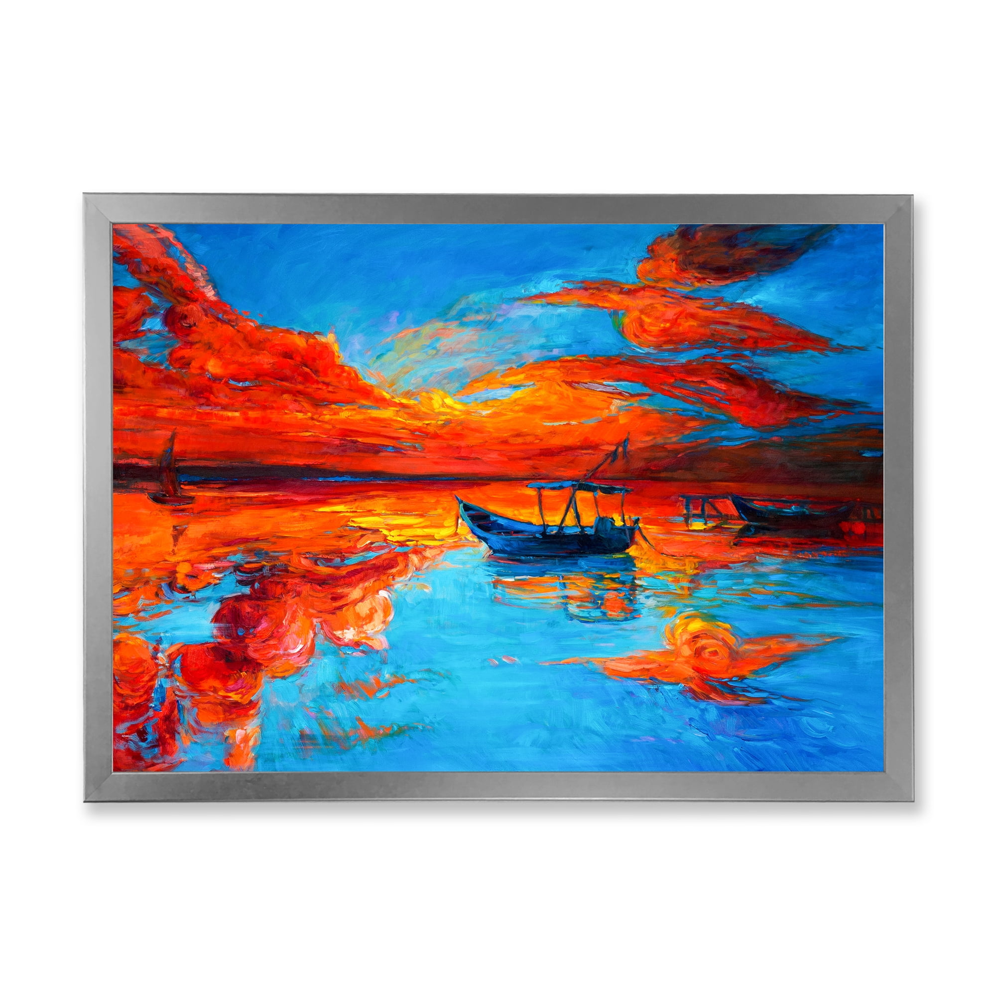 Boats During Warm Sunset Resting On The Water VI 32 in x 16 in Framed Painting Canvas Art Print, by Designart