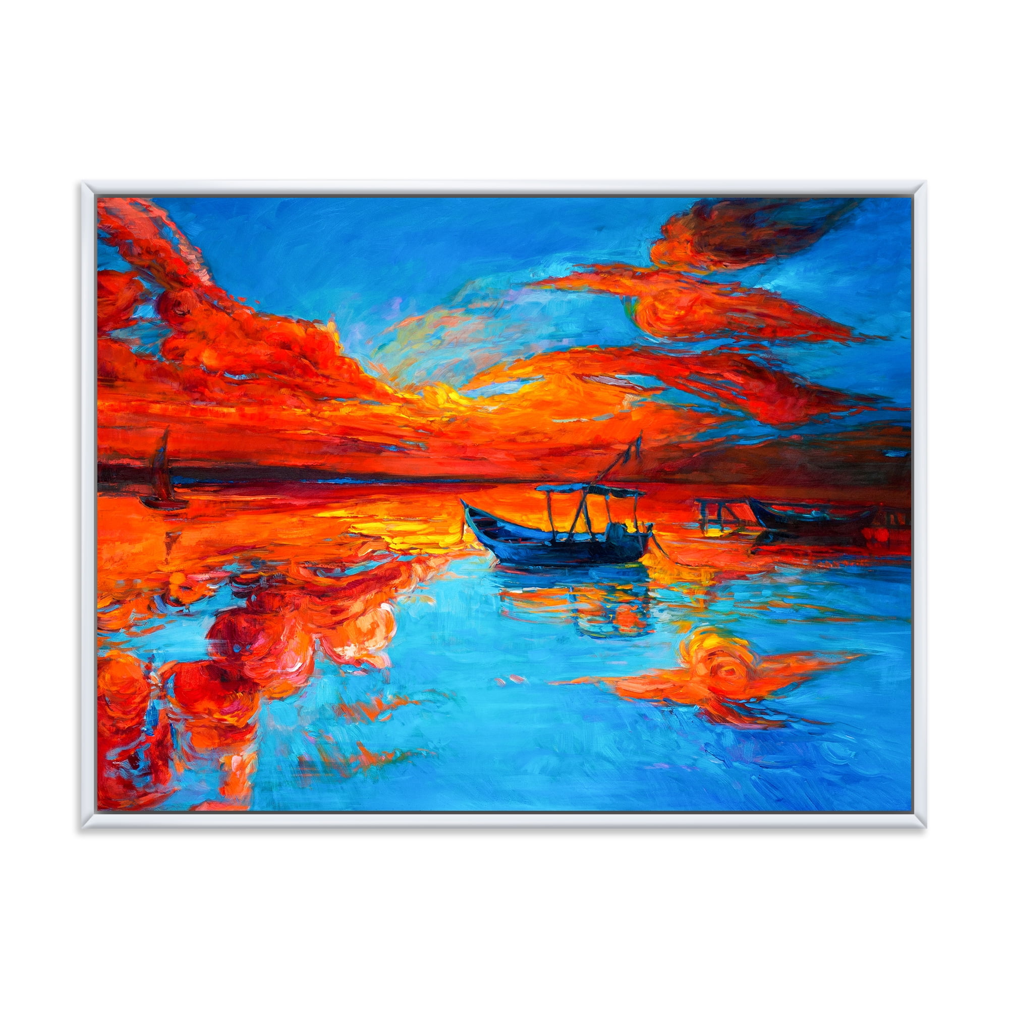 Boats During Warm Sunset Resting On The Water VI 40 in x 30 in Framed Painting Canvas Art Print, by Designart