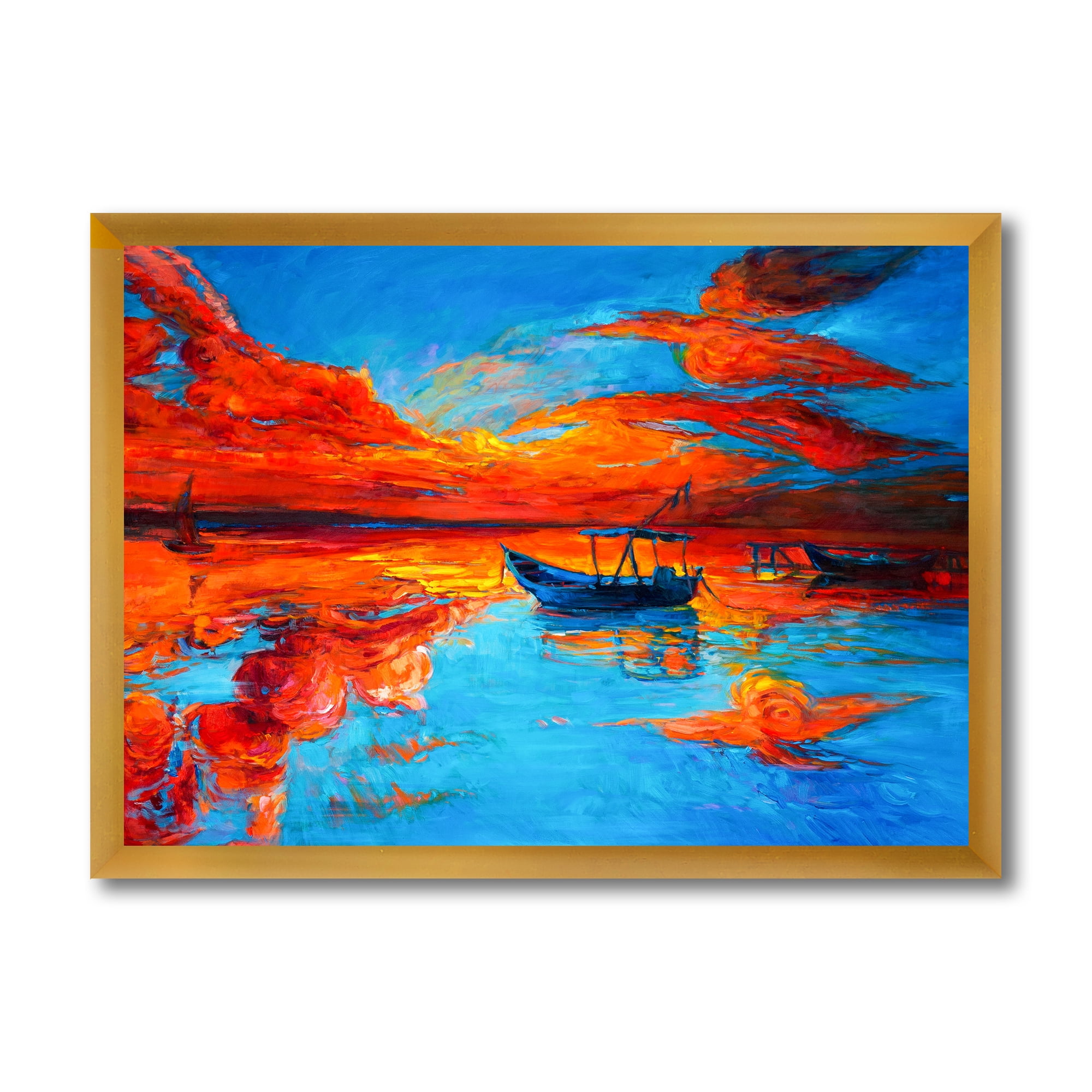 Boats During Warm Sunset Resting On The Water VI 40 in x 30 in Framed Painting Canvas Art Print, by Designart