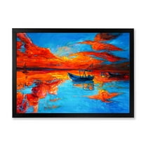Boats During Warm Sunset Resting On The Water VI 40 in x 30 in Framed Painting Canvas Art Print, by Designart