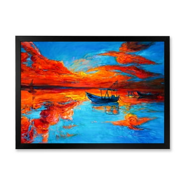 Boats During Warm Sunset Resting On The Water VI 40 in x 30 in Framed Painting Canvas Art Print, by Designart